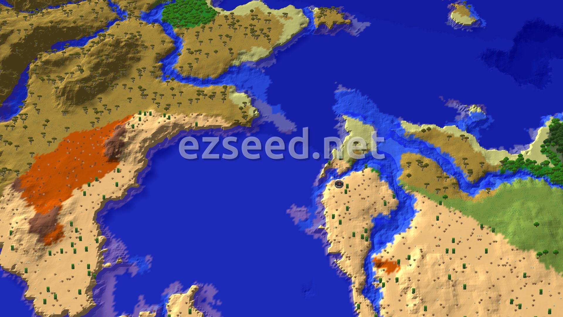 A 3D fly-over of a desert and savanna landscape, with a river winding through it and an ocean to the east. A small spawn marker sits in the central desert.