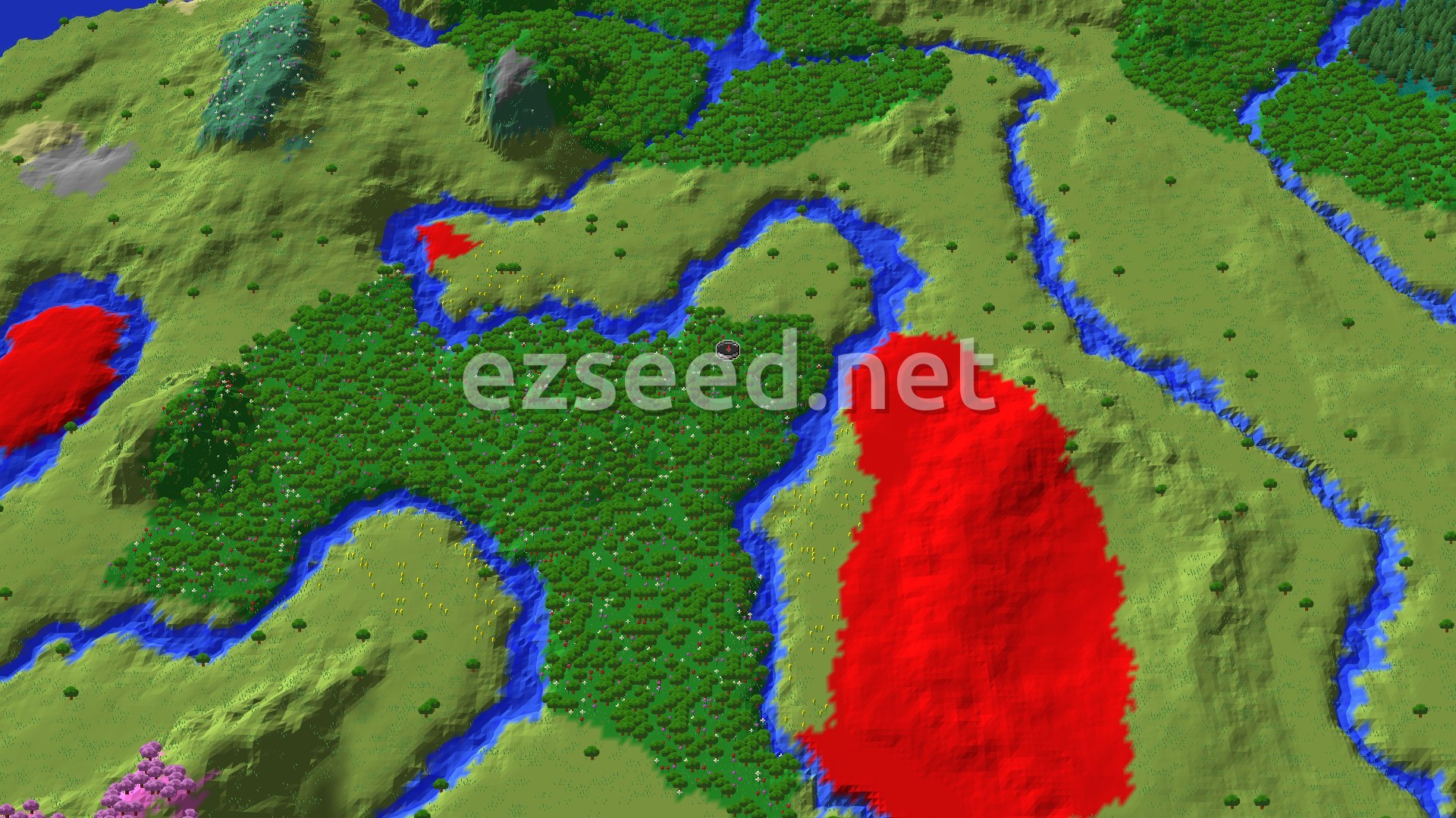A fly-over of a dense flower-speckled forest ringed by winding rivers, with open plains, scattered trees and a patch of pink Cherry Grove at the lower edge.