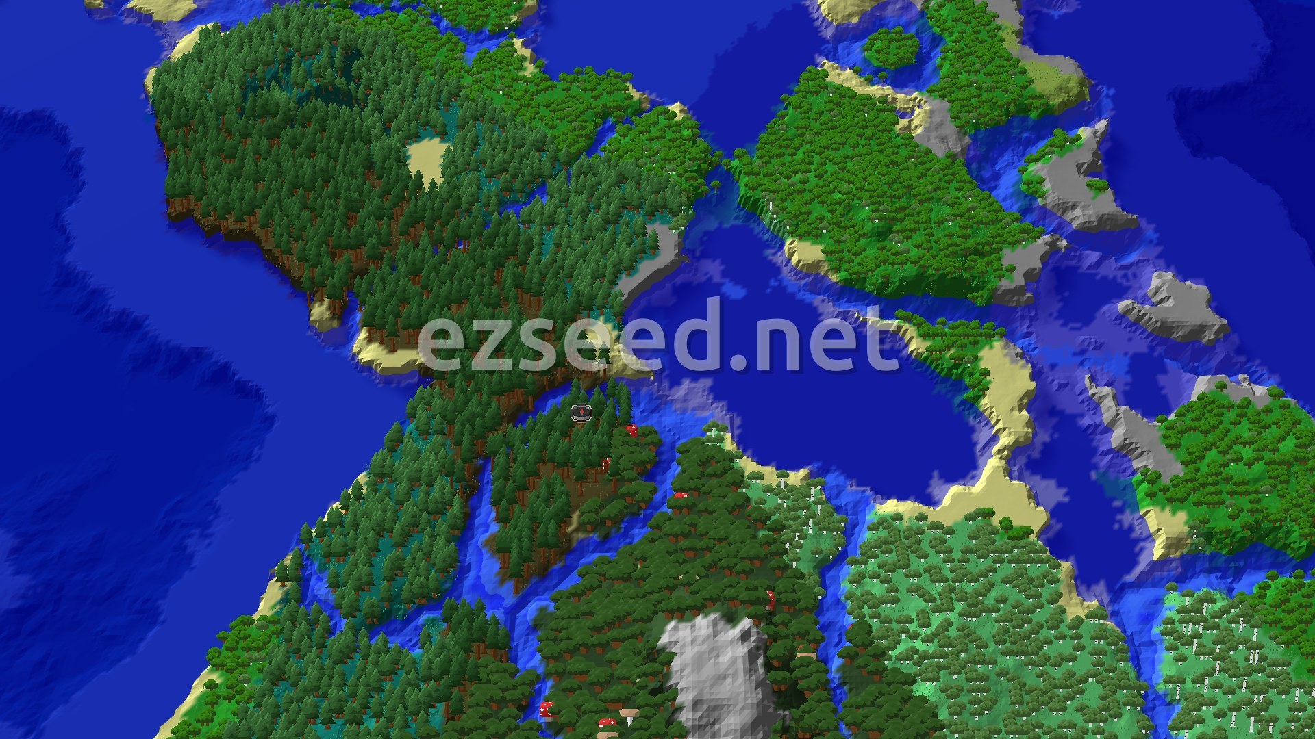 A fly-over of a dense spruce-covered island ringed by beaches and bright blue water, with green forested islands and grey rocky outcrops beyond the channel.