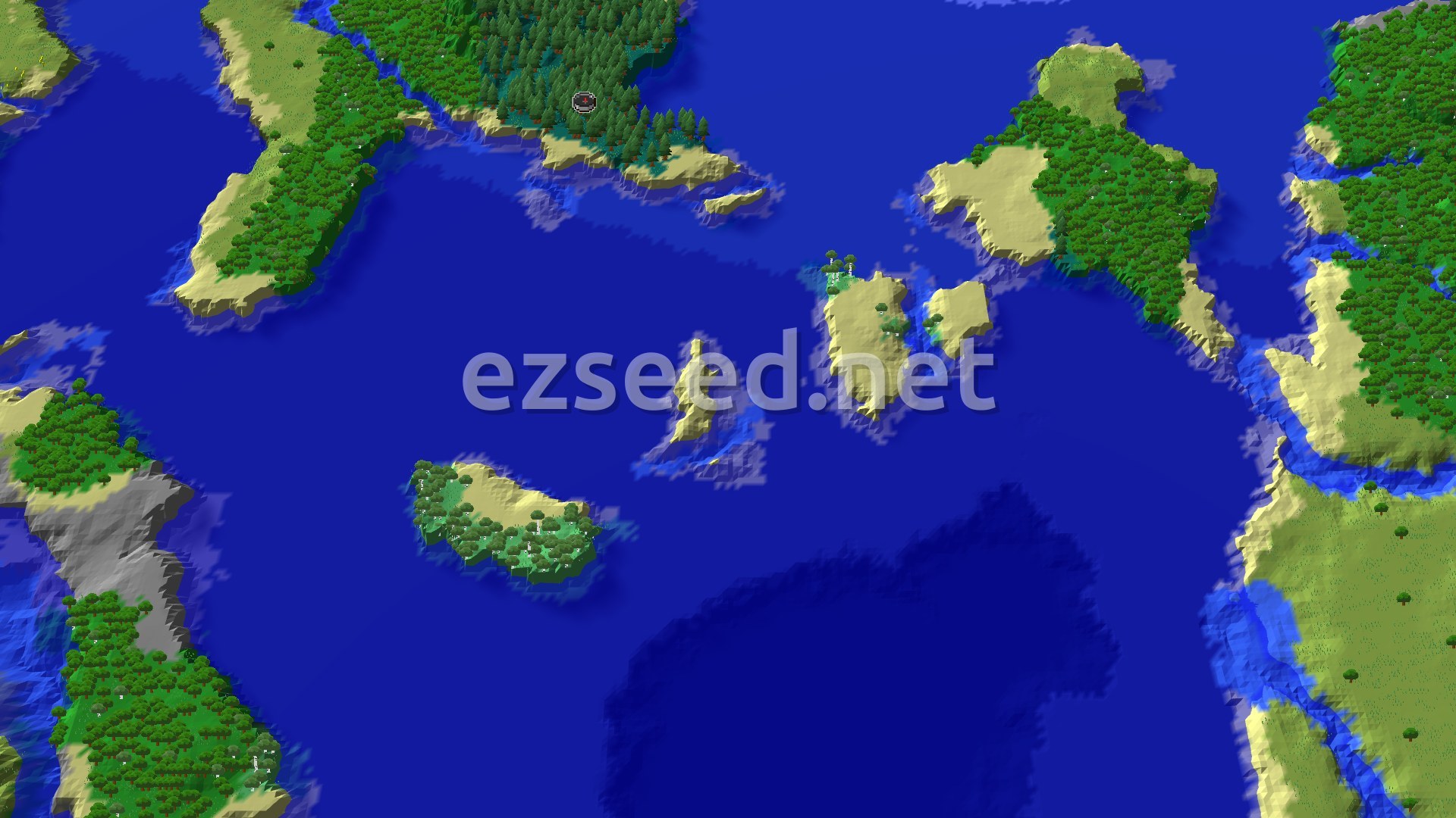A fly-over of a dark-green spruce taiga on a land edge at the top of the frame, ringed by sandy beaches and deep blue ocean with small sandy islets drifting below it.