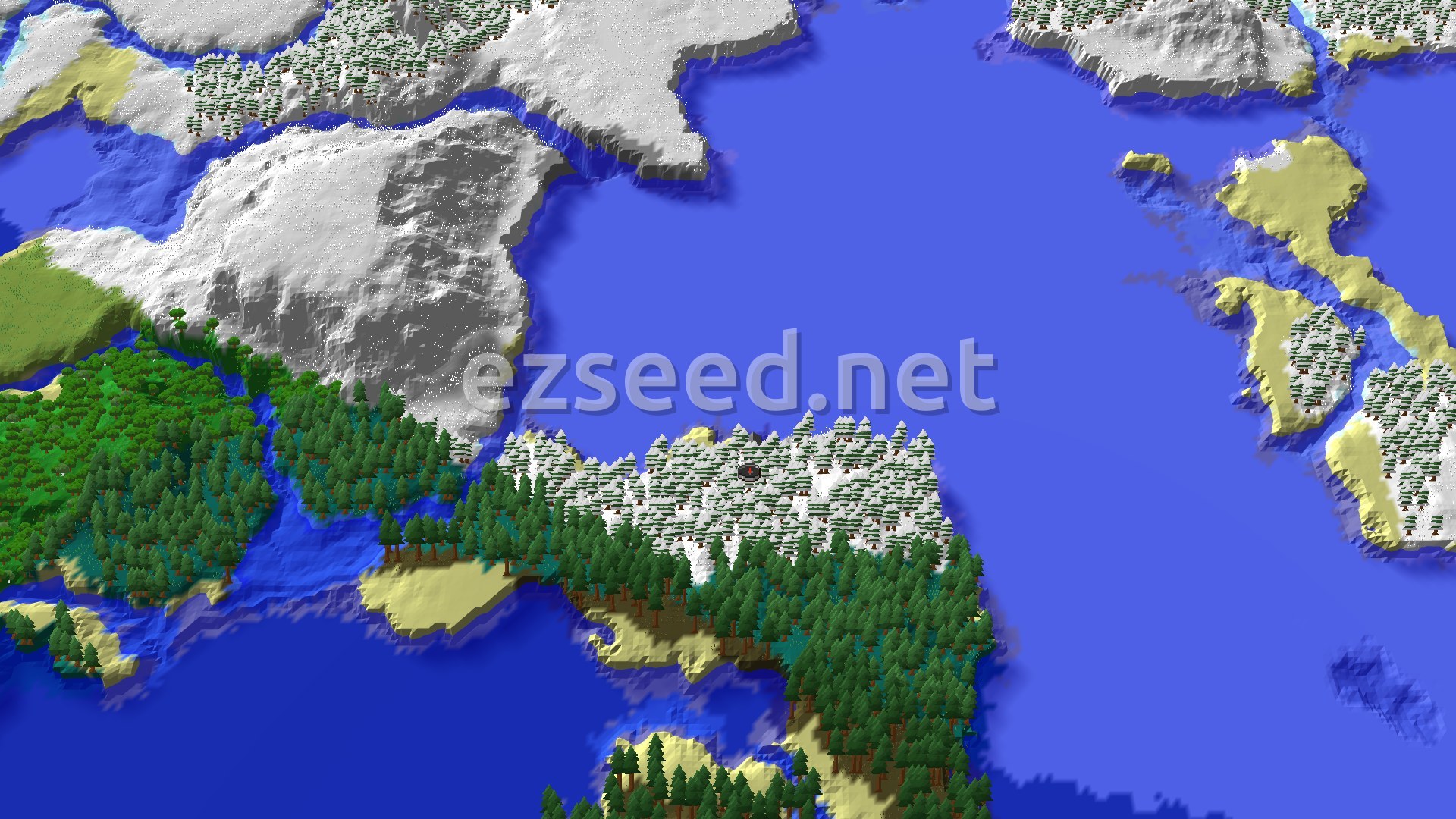 A snow-dusted spruce forest on the edge of a landmass, with pine woods spreading south and west and open frozen water to the north and east.