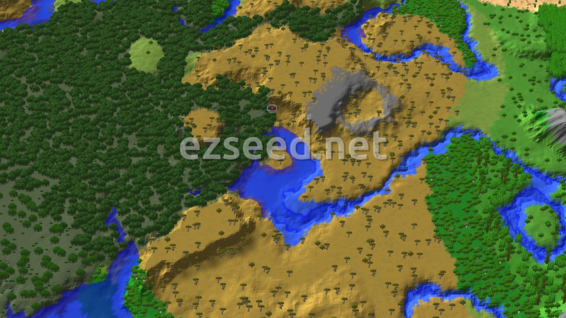 A fly-over of dense dark mangrove canopy on the left, a winding river and bay, and open tan savanna with scattered acacias spreading to the right.