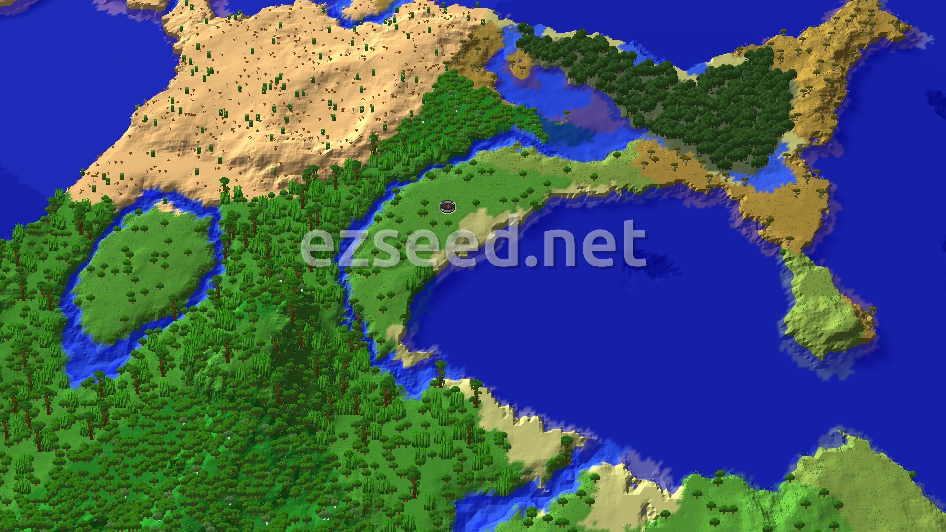 Aerial view of a green jungle shoreline curving around a deep blue bay, with a sandy desert plateau to the northwest and savanna and dark forest across the water.