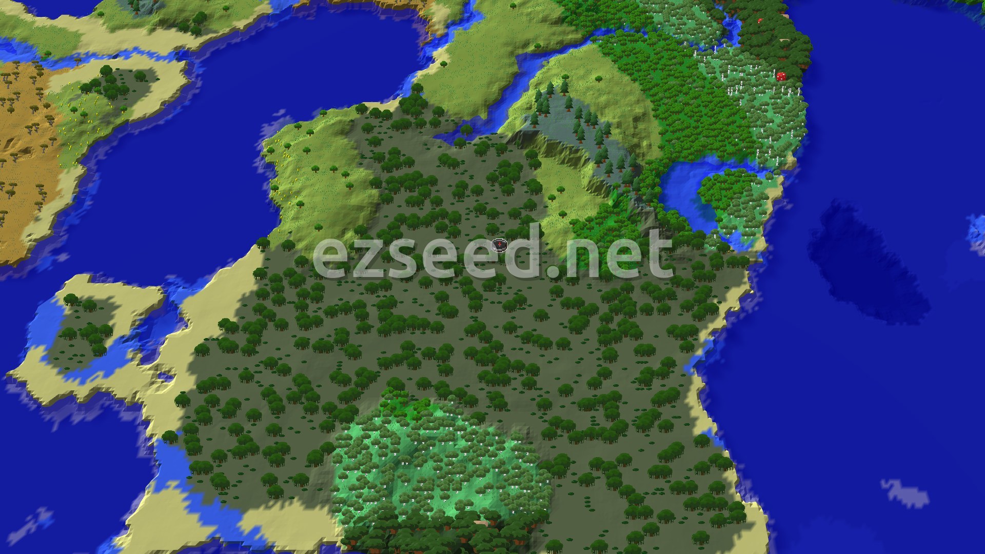 An aerial view showing a large swamp with scattered trees at the center, flanked by plains, a river, and hills. Ocean is visible in the distance.