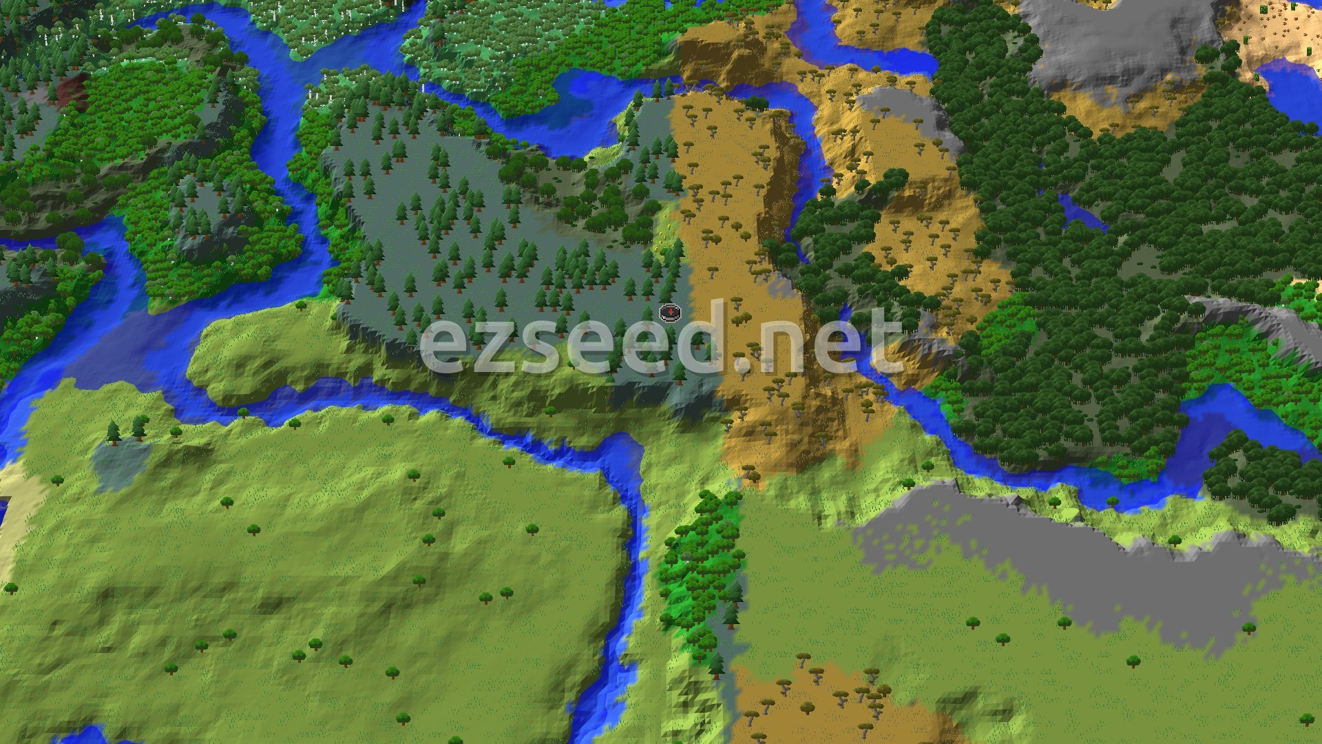 A 3D fly-over of a spruce-dotted stone hill with a savanna strip to its east, rivers winding between green forests, and open plains to the south.