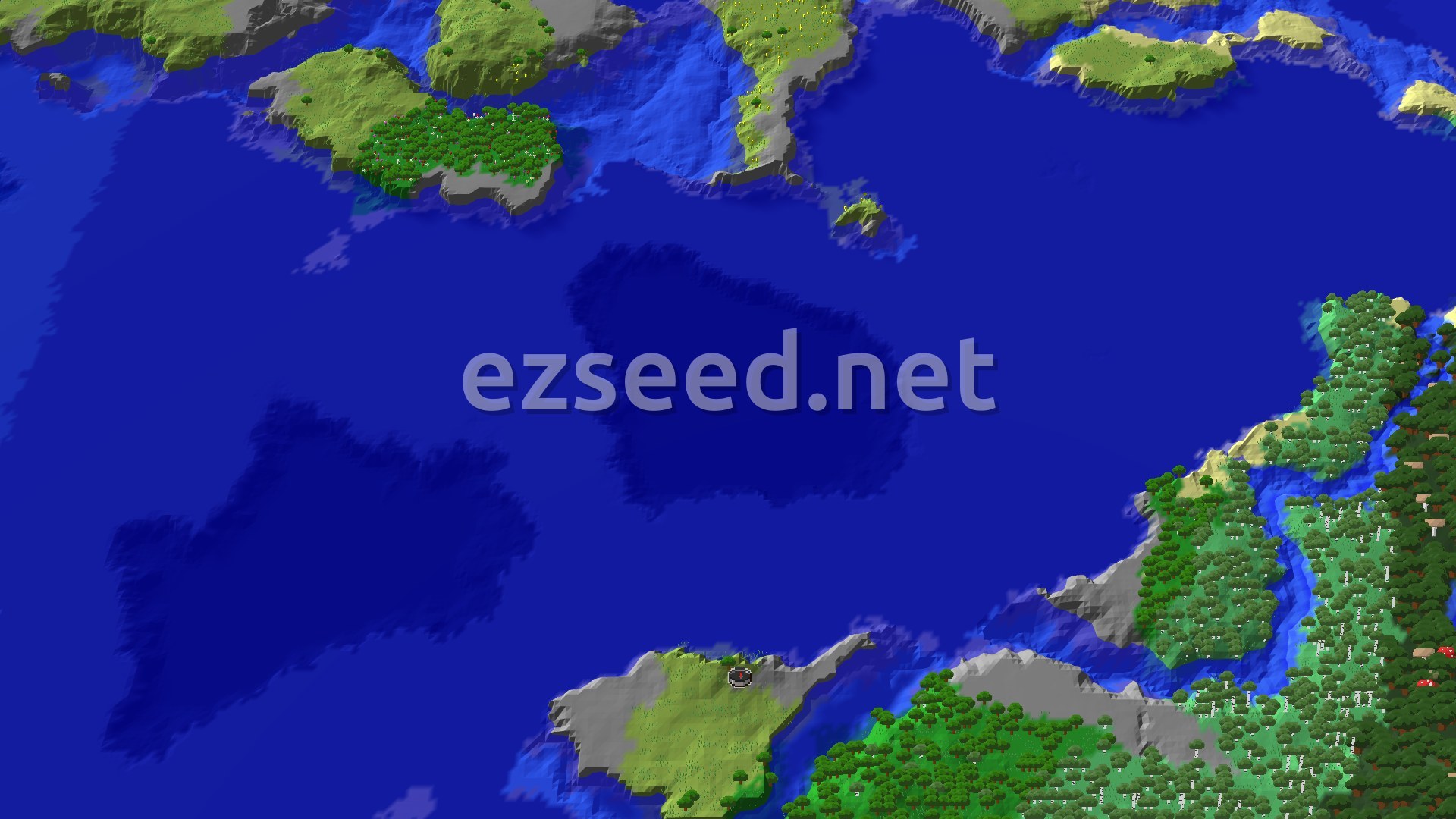 A small island of grey stone and grass sits at the lower left of a wide blue ocean, with forested coastline to the right and more islands across the water.