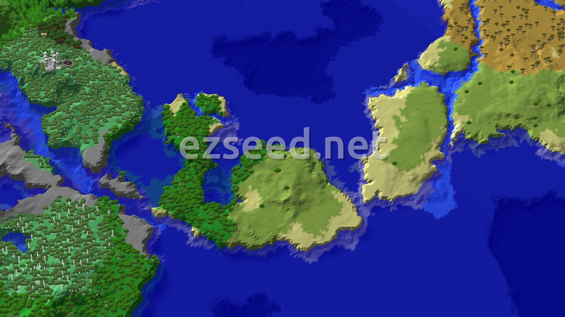 A 3D fly-over of a birch and oak forest coast with grey stone shores, a green headland and a tree-lined strip of land across a wide blue ocean, savanna in the far corner.