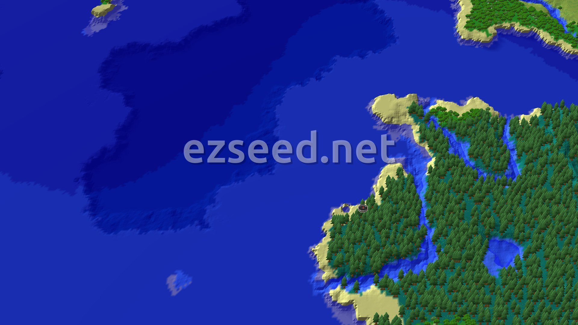 An overhead view of a large, forested island in a blue ocean, with a small spawn marker.