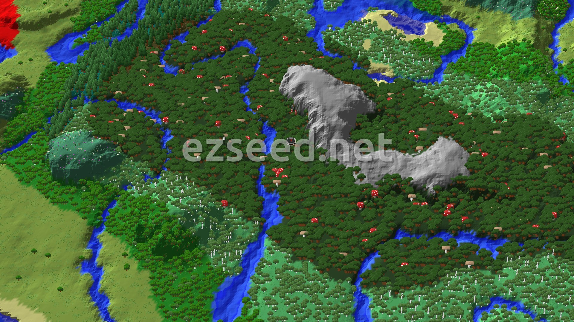 An aerial view shows a dense Dark Forest biome, marked by its dark green canopy and scattered red and brown mushrooms. A river winds through the forest, and a few patches of lighter green biomes are visible in the distance. Rocky hills rise in the center.