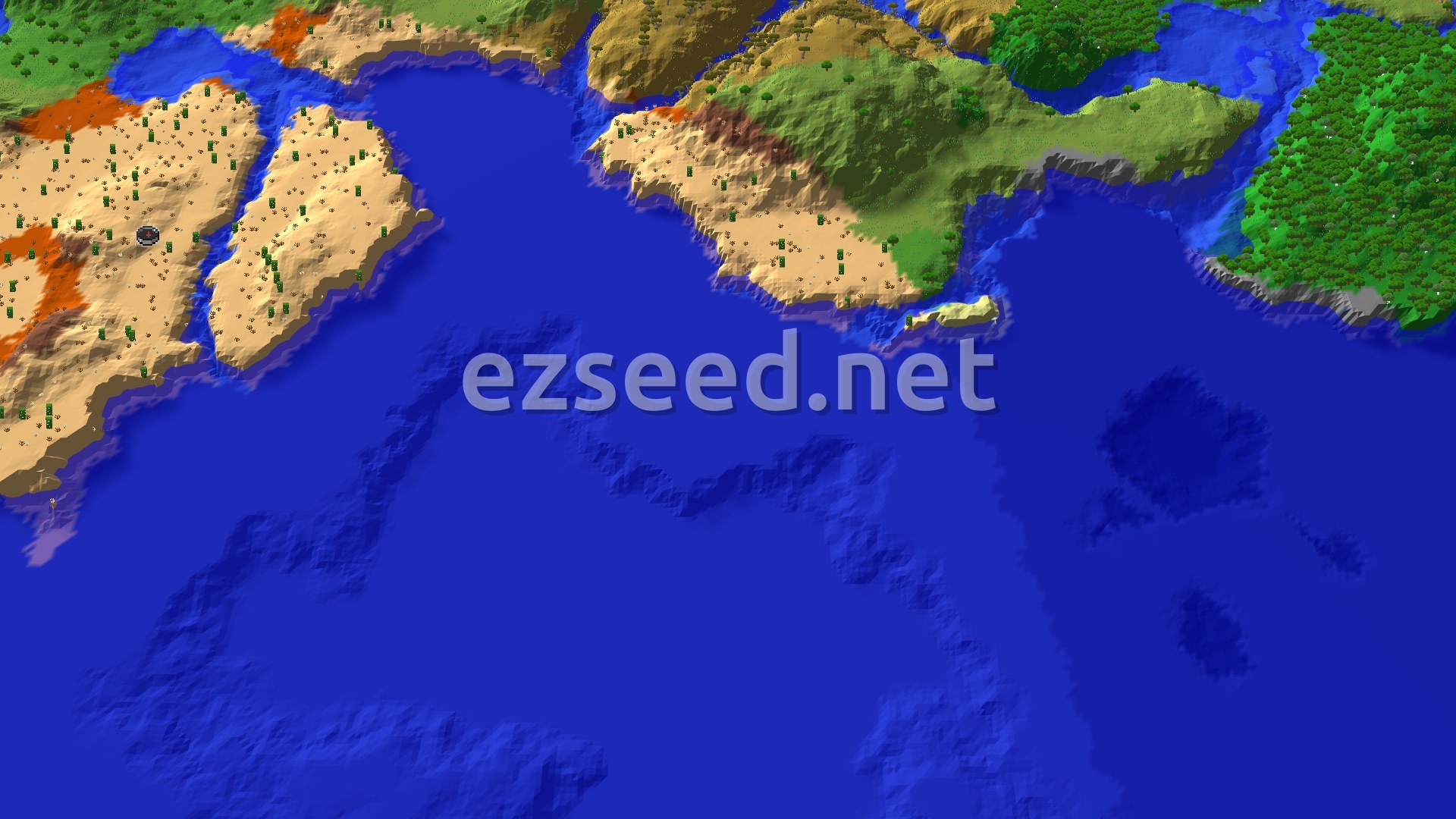 A fly-over of sandy desert land with orange badlands patches, split by water channels, facing a wide warm ocean with green hills and forest beyond.