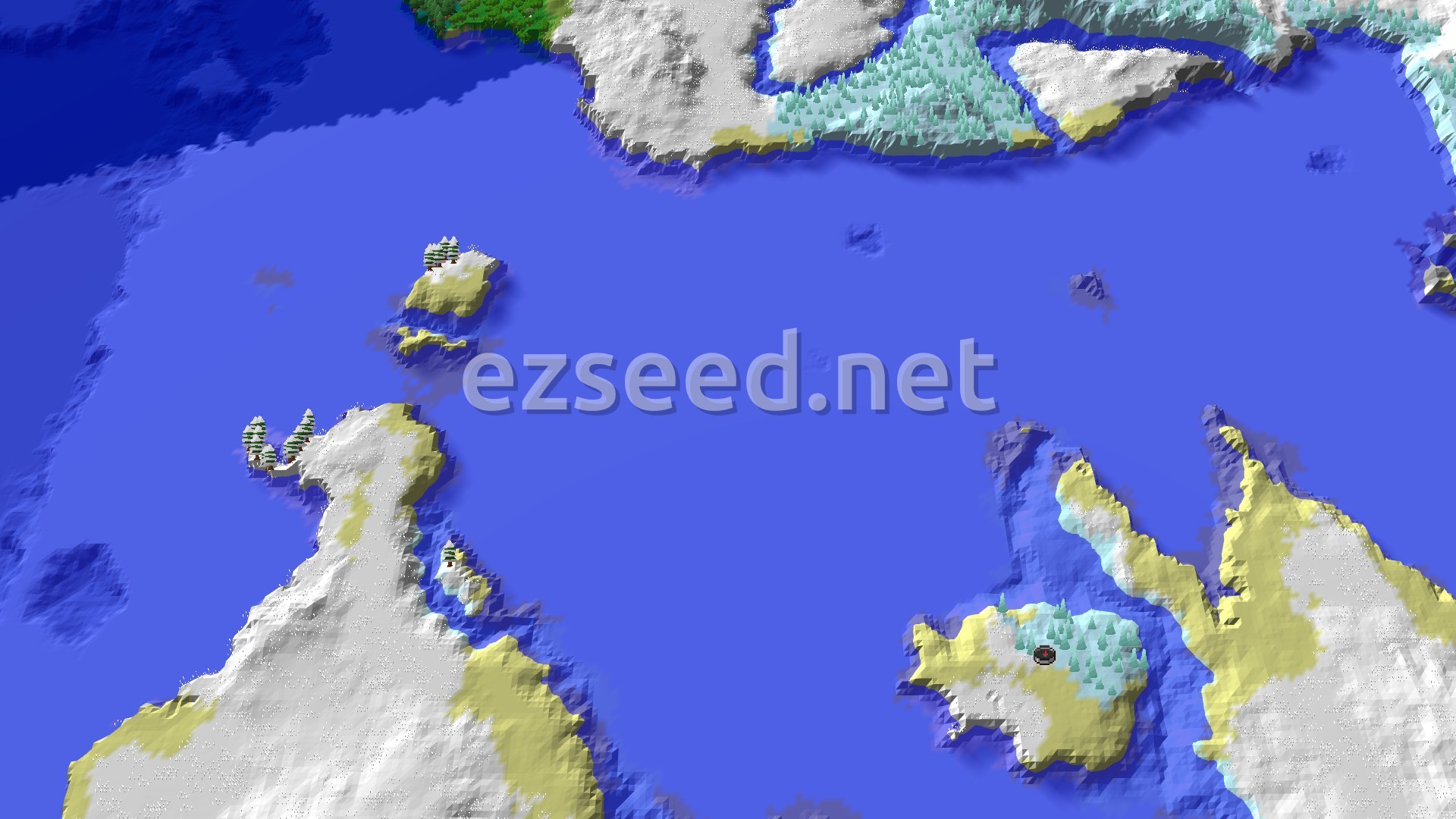 An aerial view of a snowy island with scattered trees, surrounded by a vast blue ocean. A small marker indicates the spawn point on the island's snowy plains.