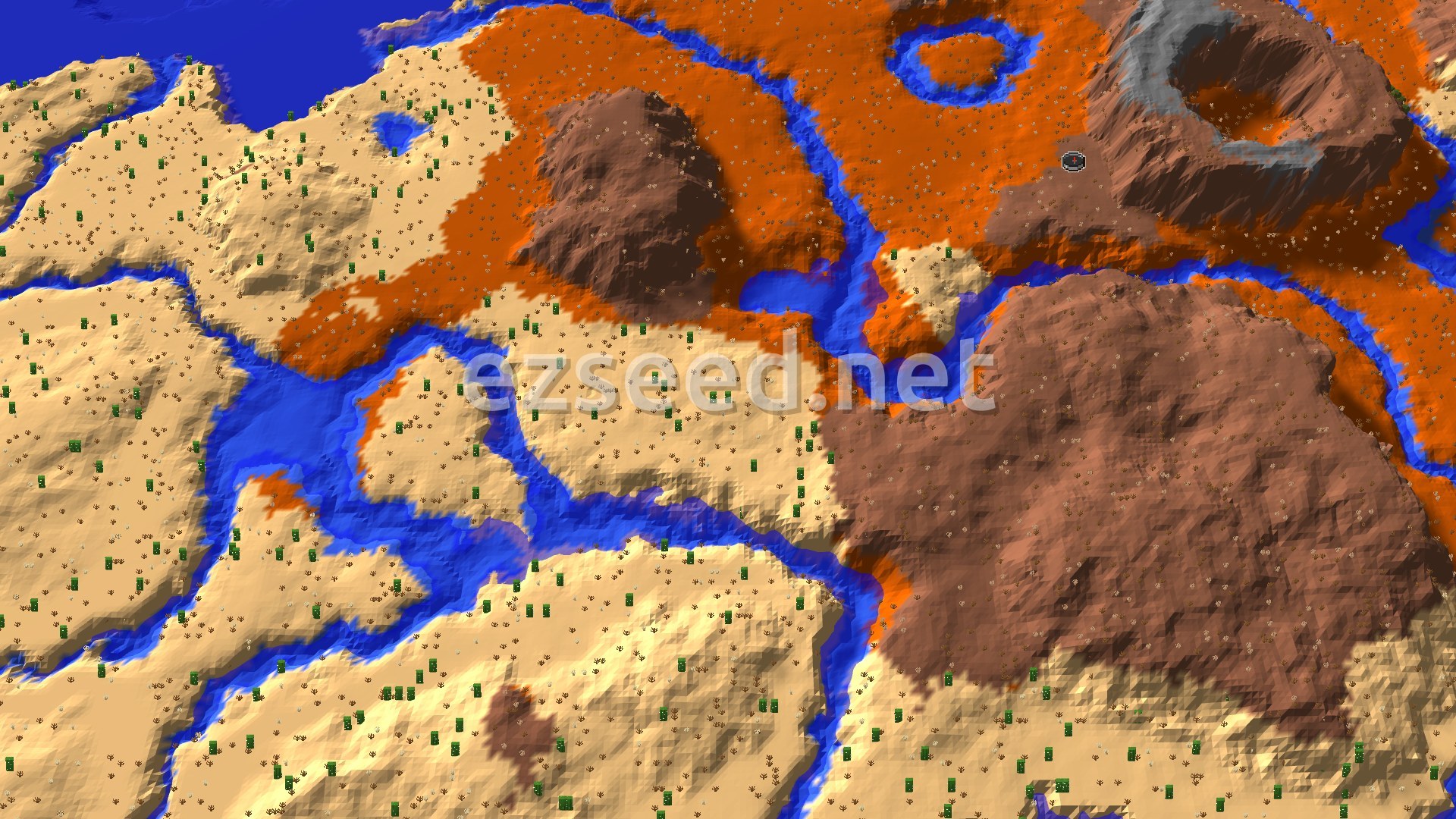 An aerial view of a varied landscape with Badlands, Desert, and blue Rivers, dotted with some green vegetation.