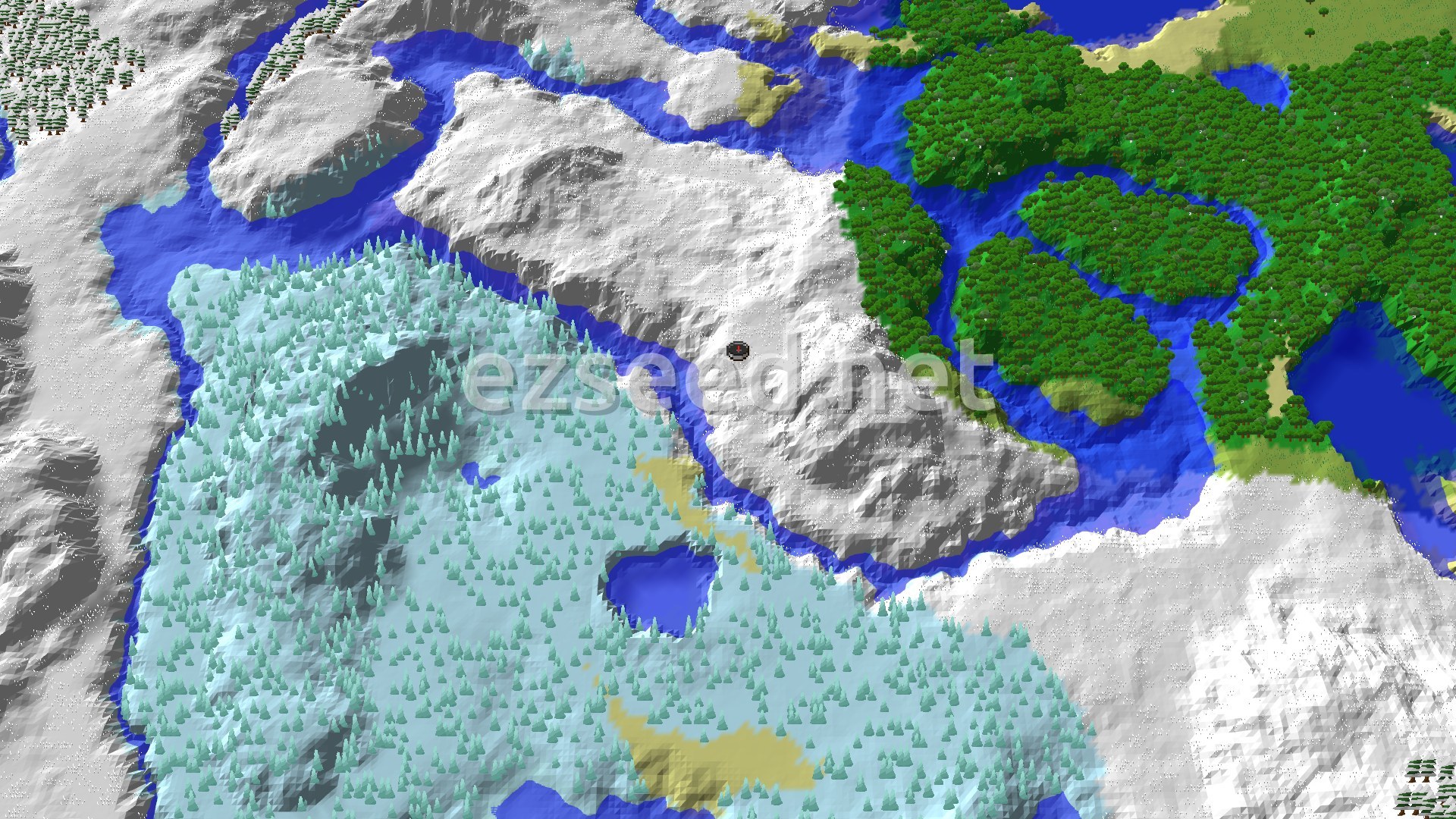 A bare, snow-covered ridge with the spawn marker at its centre, a frozen river on both sides, a dense forest to the east and a pale spruce-covered slope to the southwest.