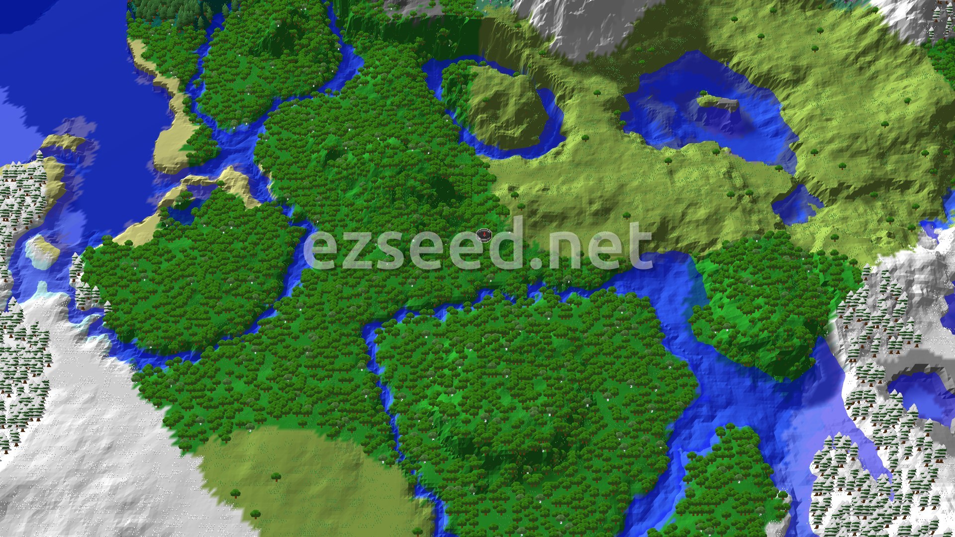 A bird's-eye view of a varied landscape, featuring dense green forests, winding blue rivers, and patches of snowy mountains.