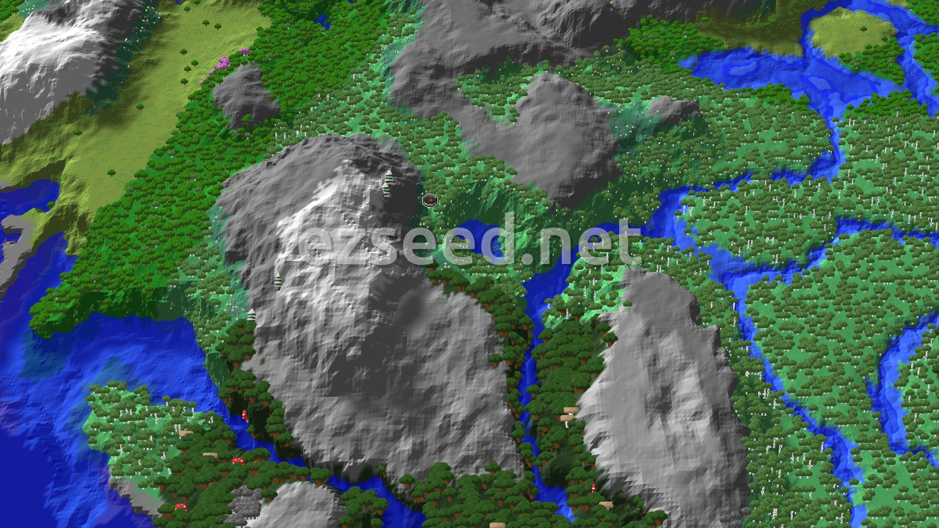 A 3D fly-over of birch and dark forest cut by rivers, with two grey rocky peaks rising beside the spawn marker and open water at the edges.