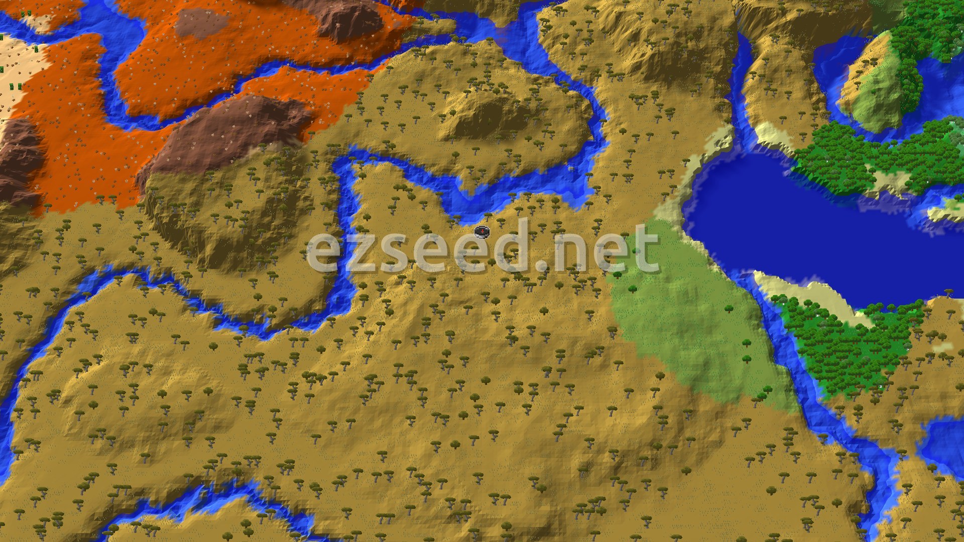 A tan savanna of scattered flat-topped trees cut by winding blue rivers, with orange badlands at the upper left, a large lake and green forest to the right.