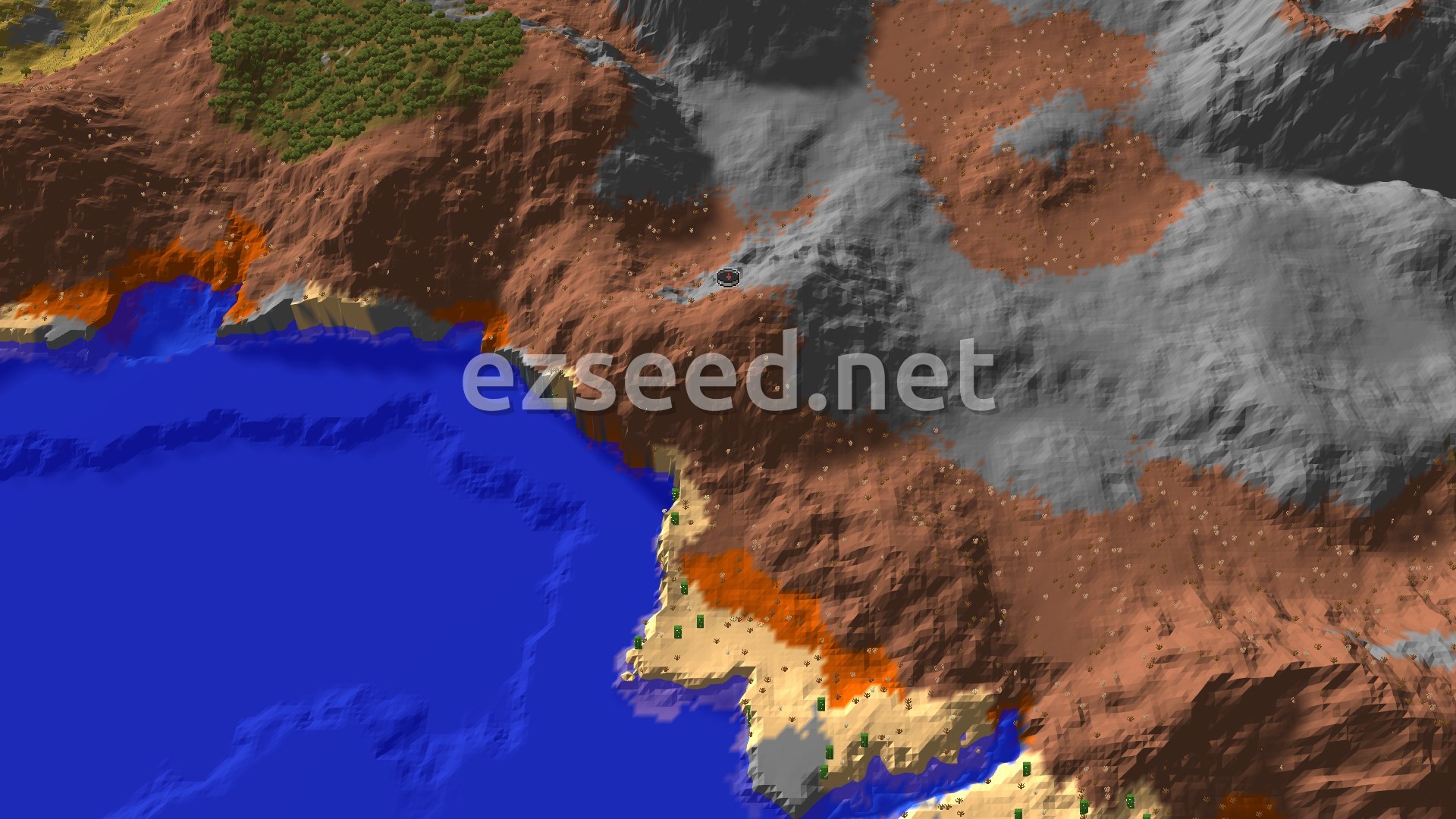 Aerial Minecraft seed map — Eroded Badlands Cliffs Above a Warm Ocean Coast