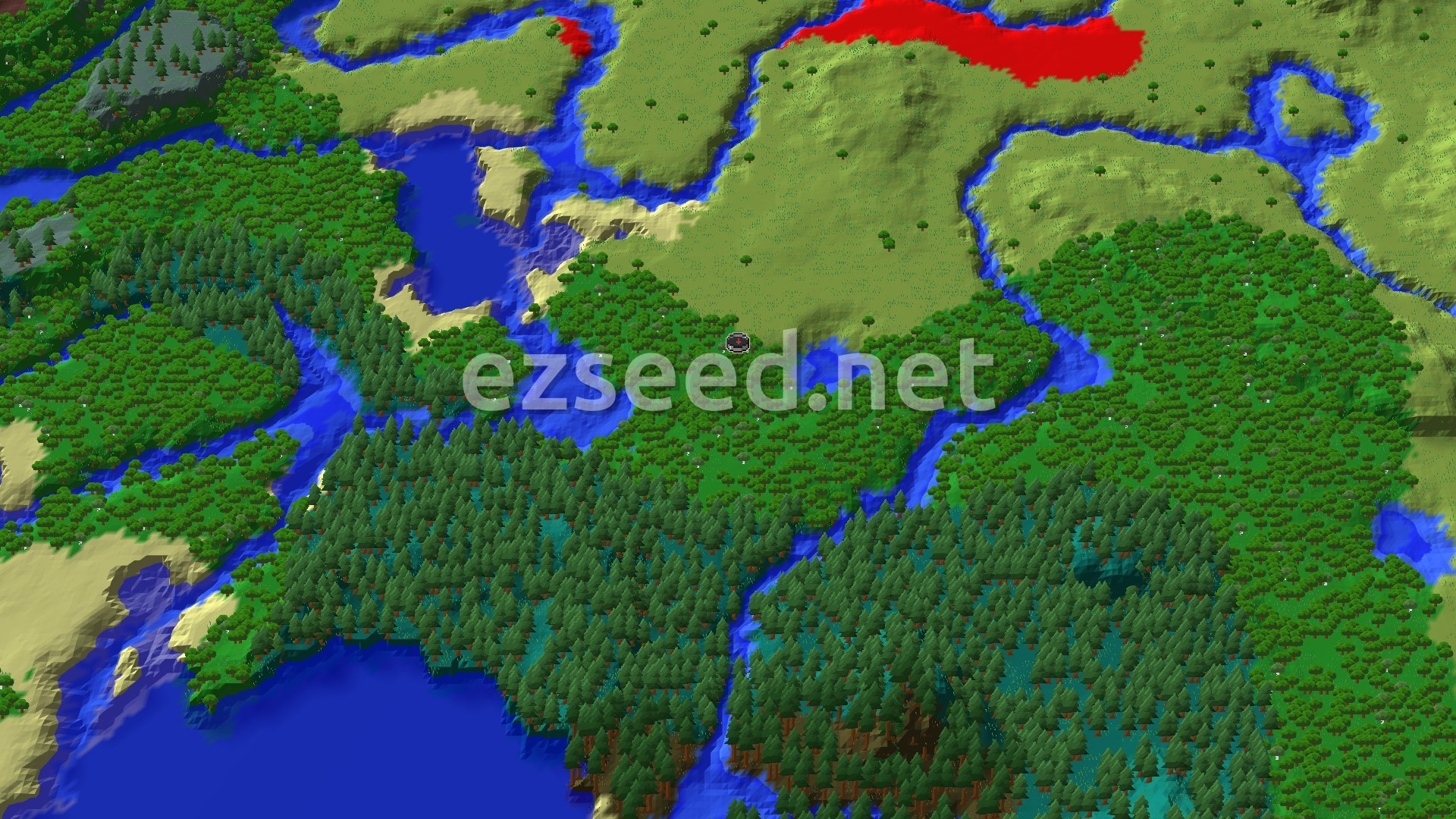 A 3D fly-over of a forest meeting open plains, with winding rivers, a lake to the west and dense spruce taiga to the south.