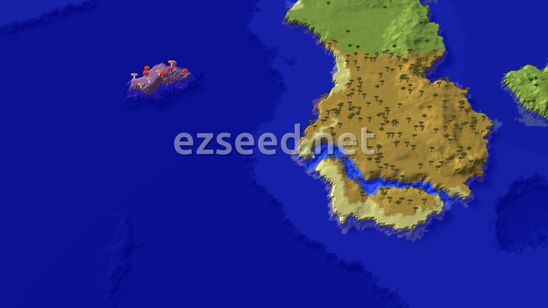 An aerial view shows a large brown-and-green island surrounded by blue water, with a smaller purple-and-red mushroom island to the west.