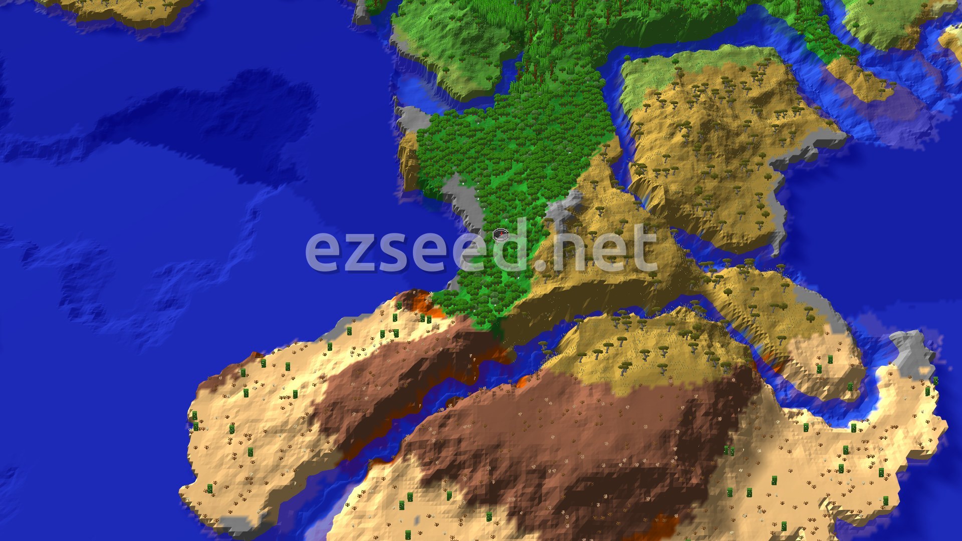 Aerial Minecraft seed map — Eroded Badlands and Savanna on a Warm Ocean Coast
