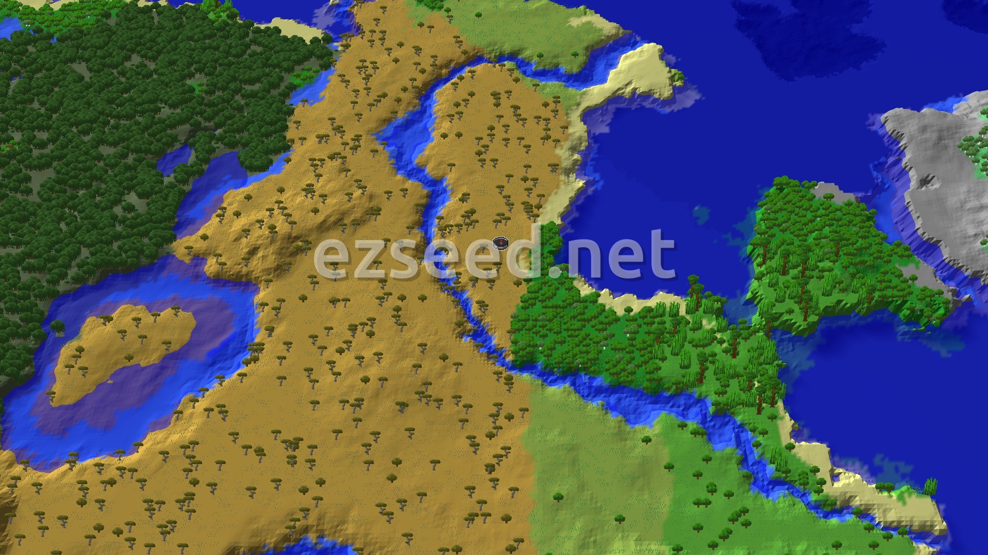 A broad savanna plateau of scattered acacia trees, cut by a narrow river, with a dense forest to the west and a jungle shoreline on a blue bay to the east.