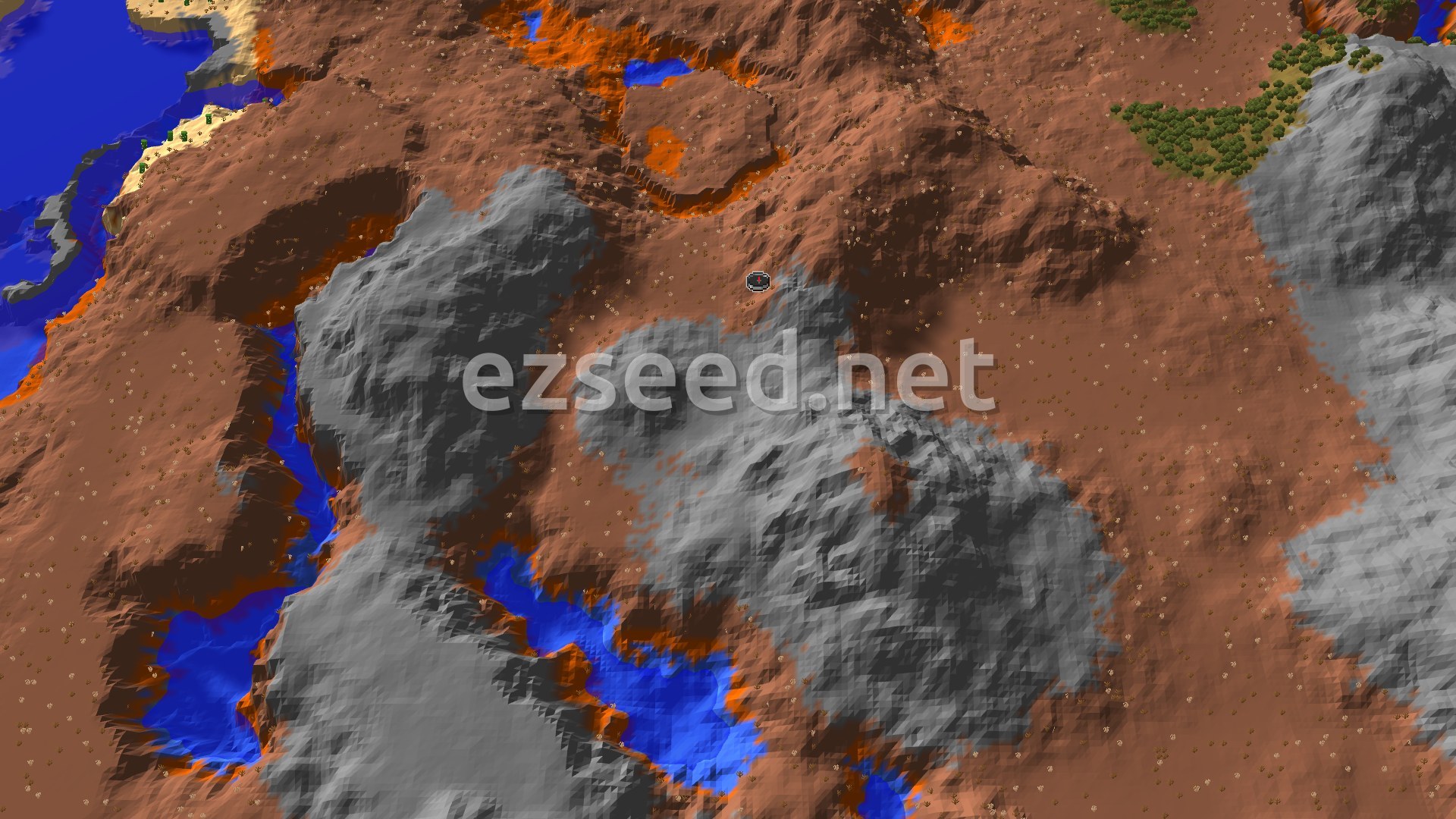 Aerial view of red and orange badlands terraces broken by grey stone outcrops, with blue pools in the hollows, a strip of sand and water at the left edge, and a patch of green trees at upper right.