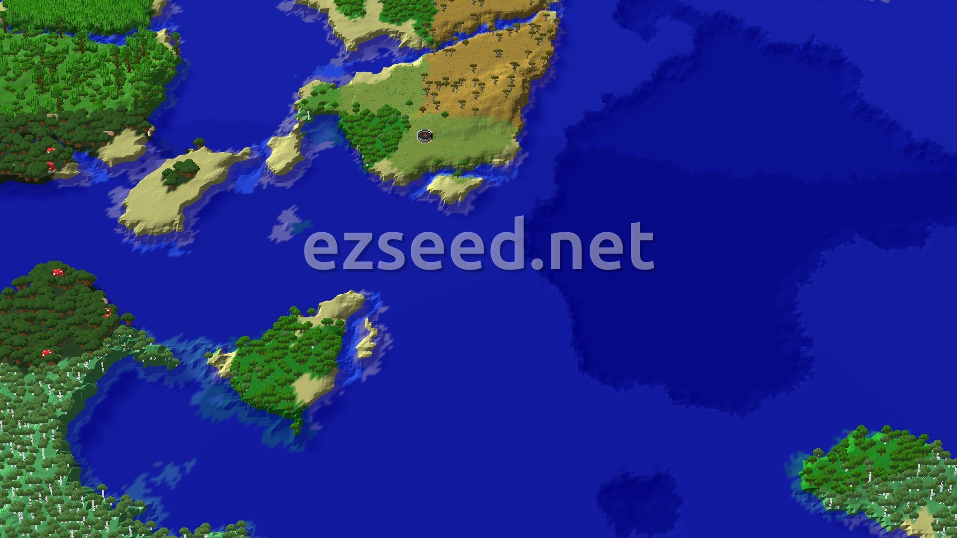 An aerial view of a large island surrounded by ocean, featuring plains, savanna, and various forests, with smaller islands nearby.