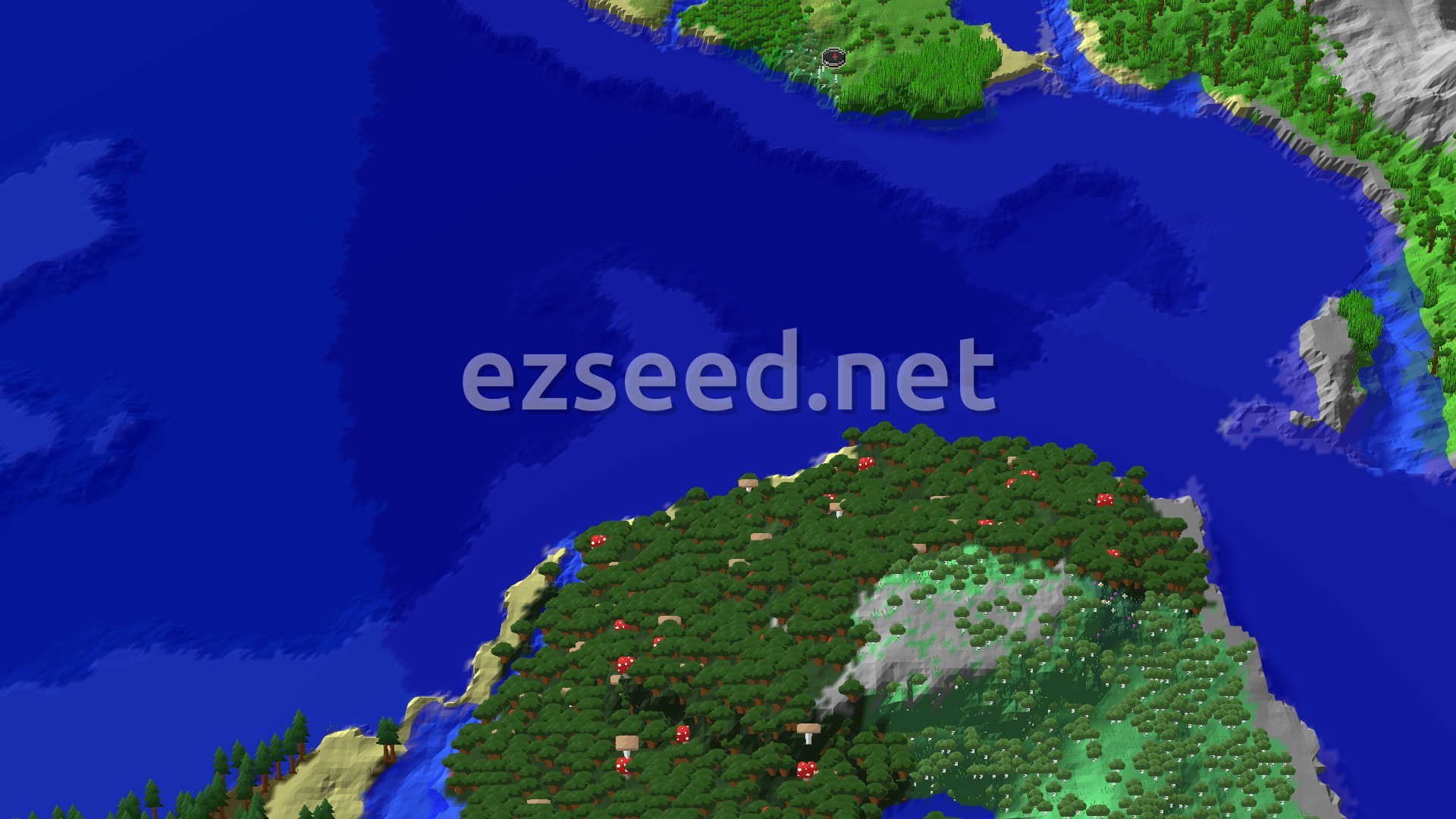 A tree-covered island with a sandy rim sits in deep blue ocean, with more green land and grey rock ridges across the water to the north and east.