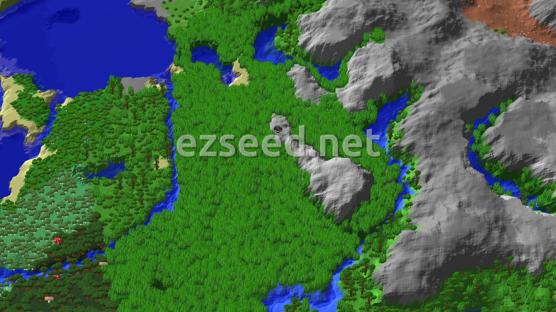 A dense carpet of bamboo fills a wide valley, with rivers along its edges, grey rocky ridges to the east and a large lake to the north-west.