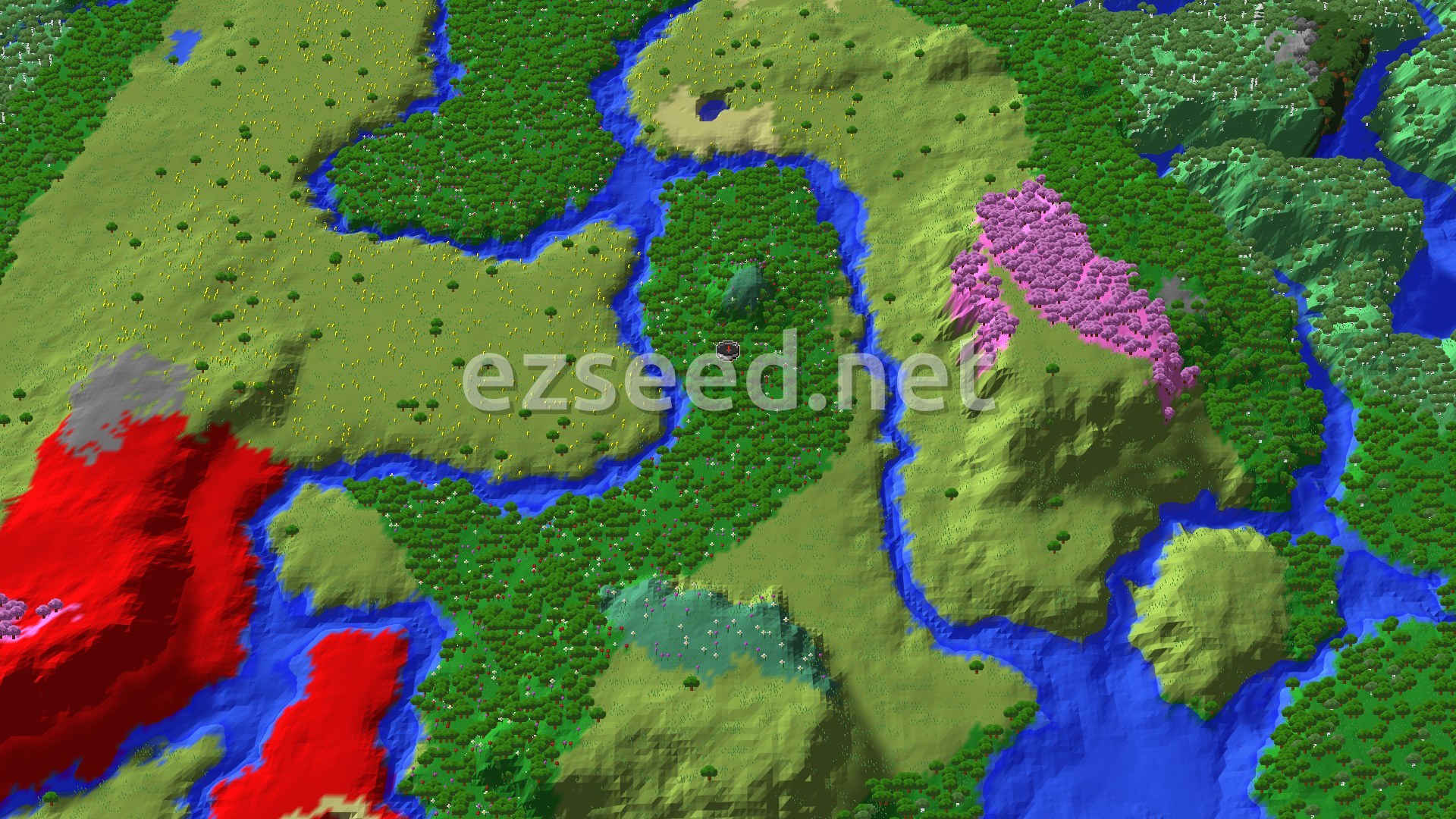 A 3D fly-over of a dense, flower-dotted forest on a strip of land bent by blue rivers, with yellow-green plains to the west and a pink cherry grove on a hill to the east.