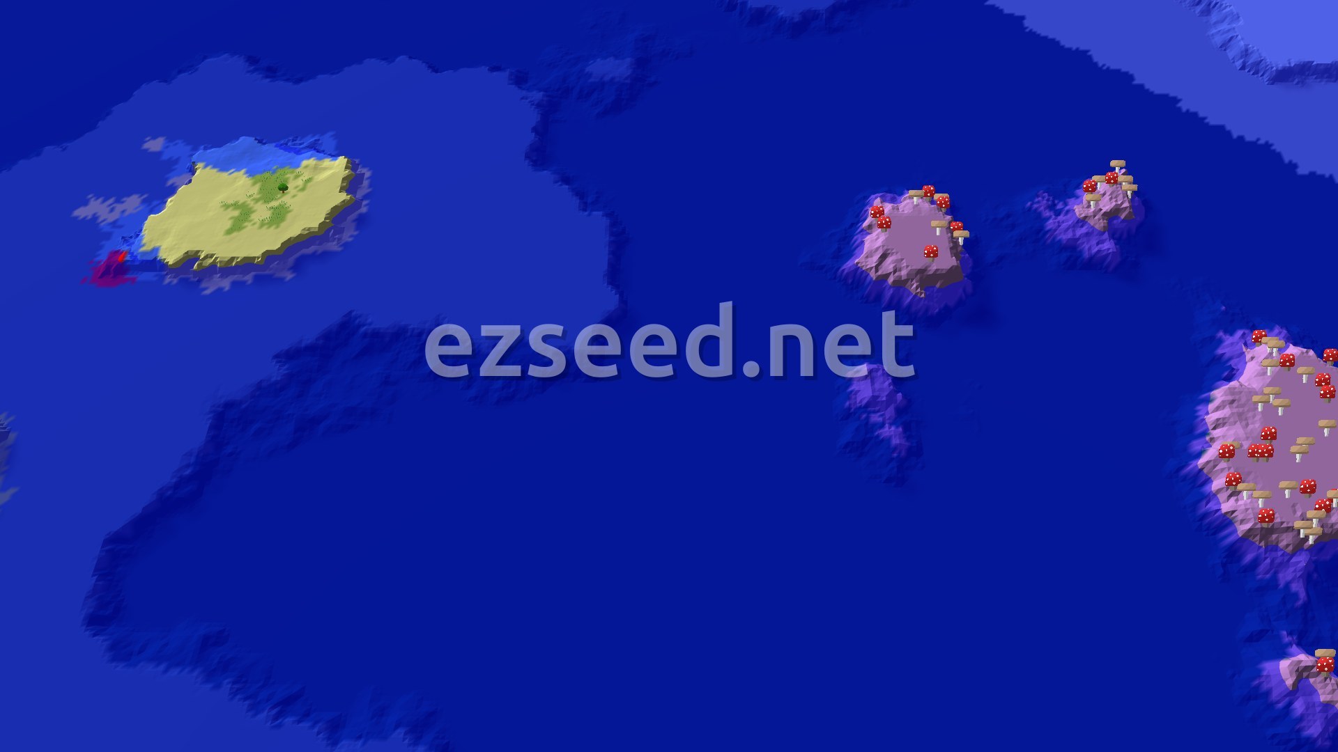 A small sandy island with a patch of green and a single tree sits in dark blue ocean, while pink mushroom-covered islands lie to the east.