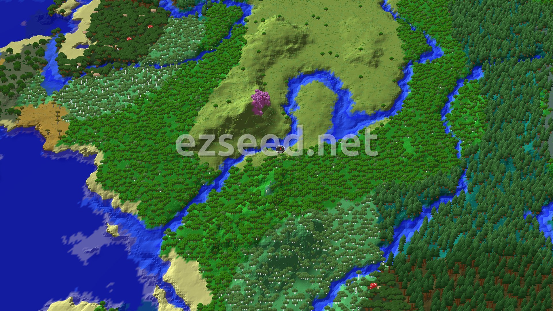 A grassy plains hill curls around a looping blue river, with one pink cherry tree on the slope, thick oak forest below and spruce forest to the east.