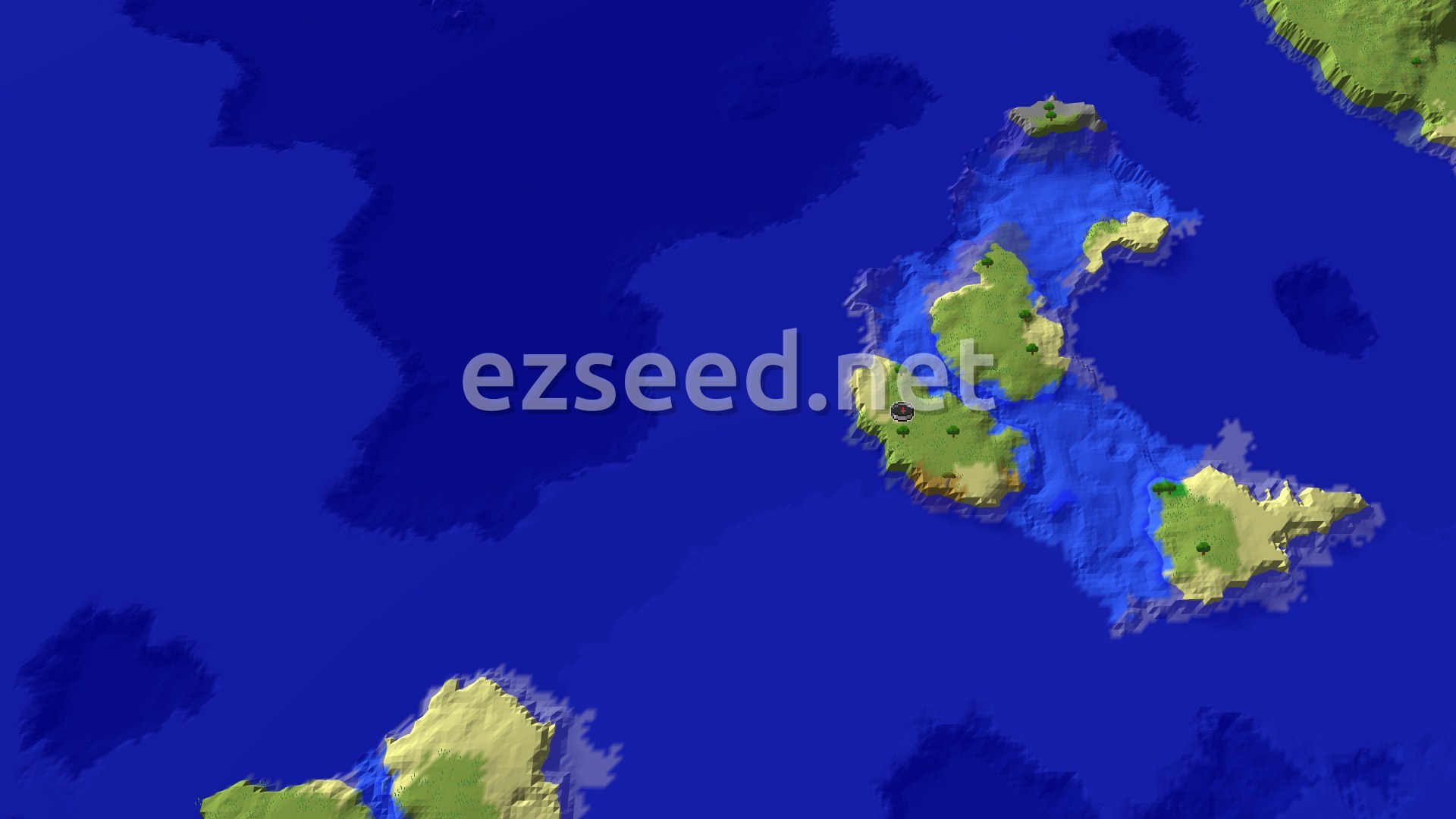 An aerial 3D view shows a small cluster of islands, mostly covered in green plains, surrounded by blue ocean. Scattered trees dot the landscape. A small black spawn marker is visible near the center.