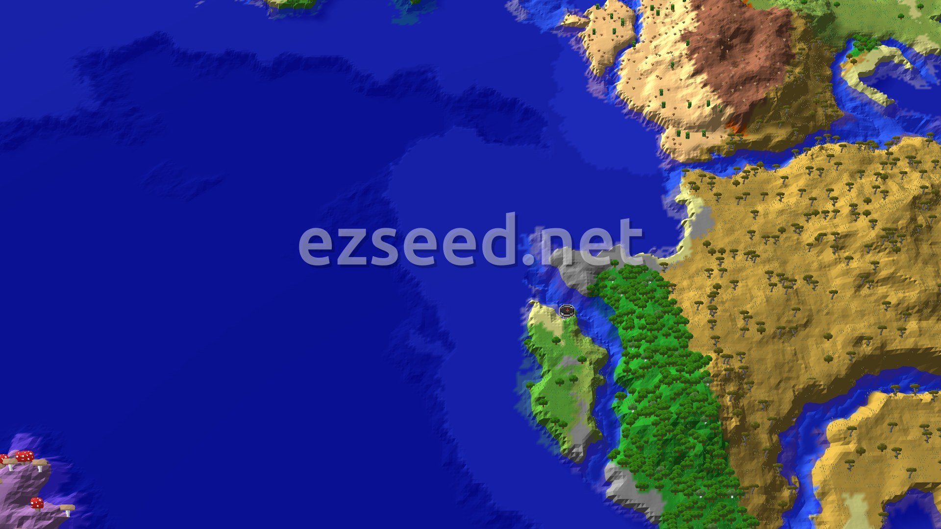 An aerial view of a green jungle peninsula jutting into a blue ocean, with a tan savanna biome bordering it and a small spawn marker in the jungle.