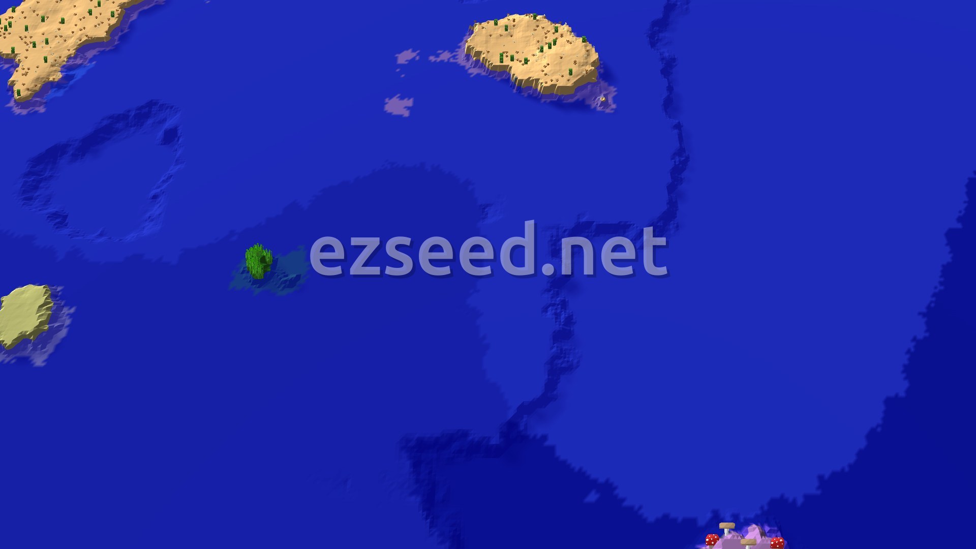 A broad, blue ocean with several desert islands, one of which contains a small cluster of green trees, and another a small mushroom island.