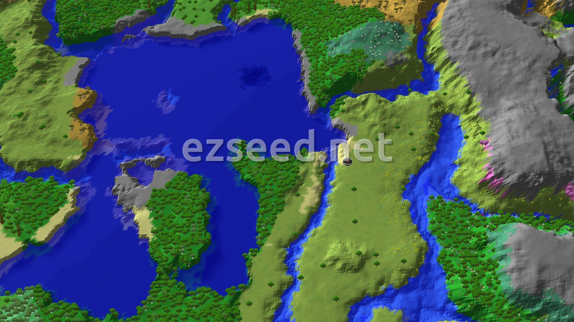 A fly-over of grassy plains dotted with yellow flowers beside a large lake, with forest to the west, a river to the east and grey rock slopes with pink cherry trees at the right edge.