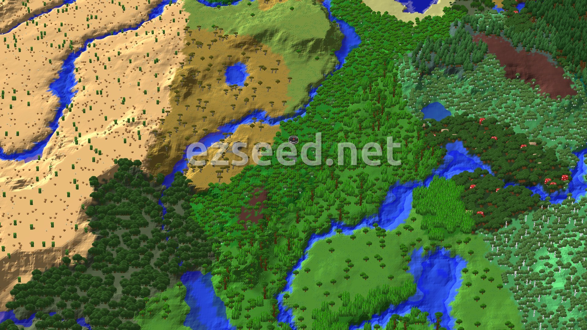 An aerial view of a forest around the spawn marker, with a river winding between sandy desert to the west, savanna patches, jungle and dark forest to the south, and birch woodland to the east.