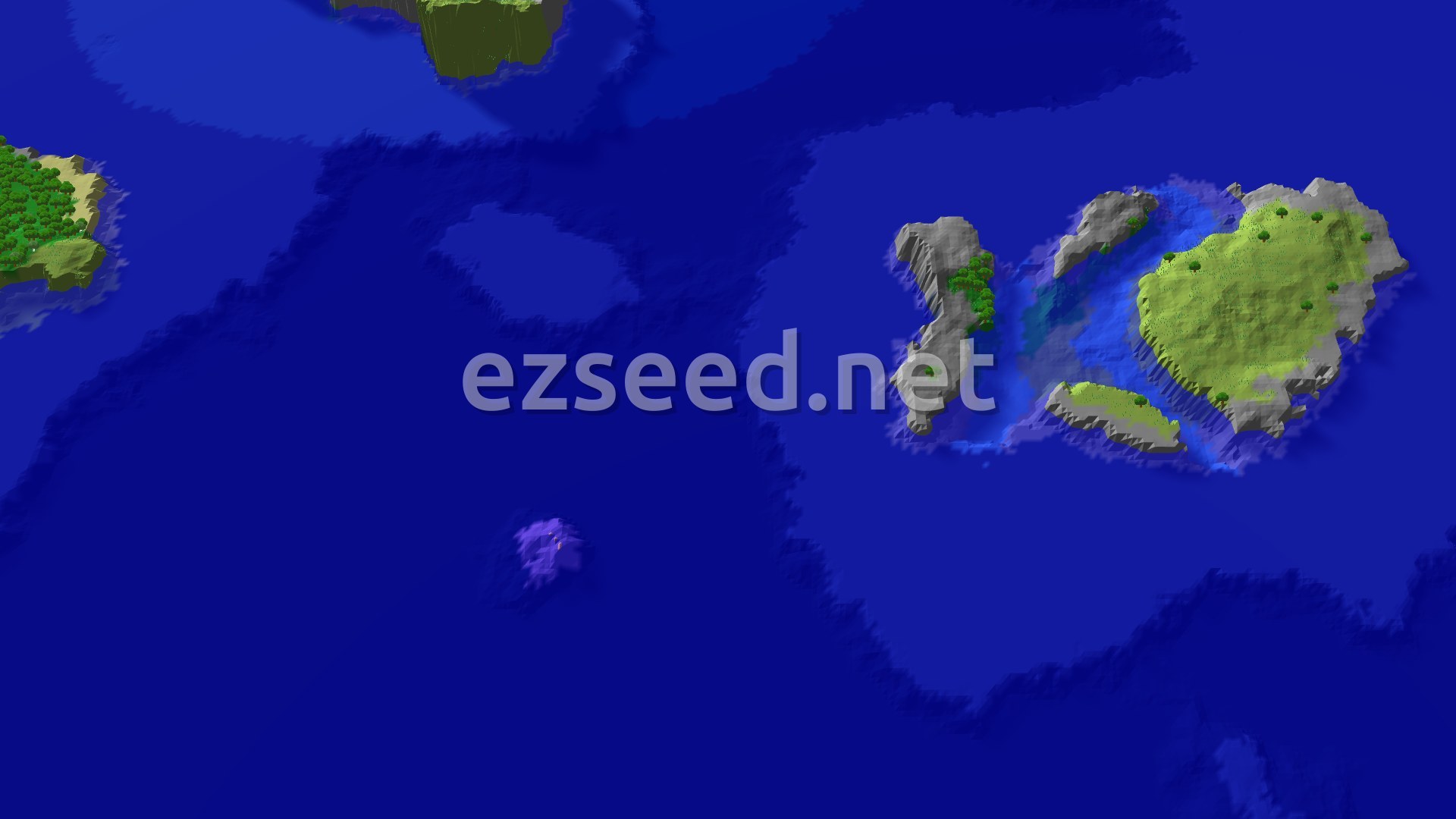 A 3D fly-over of a green and grey island with a few scattered trees, ringed by deep blue ocean and smaller rocky islets.