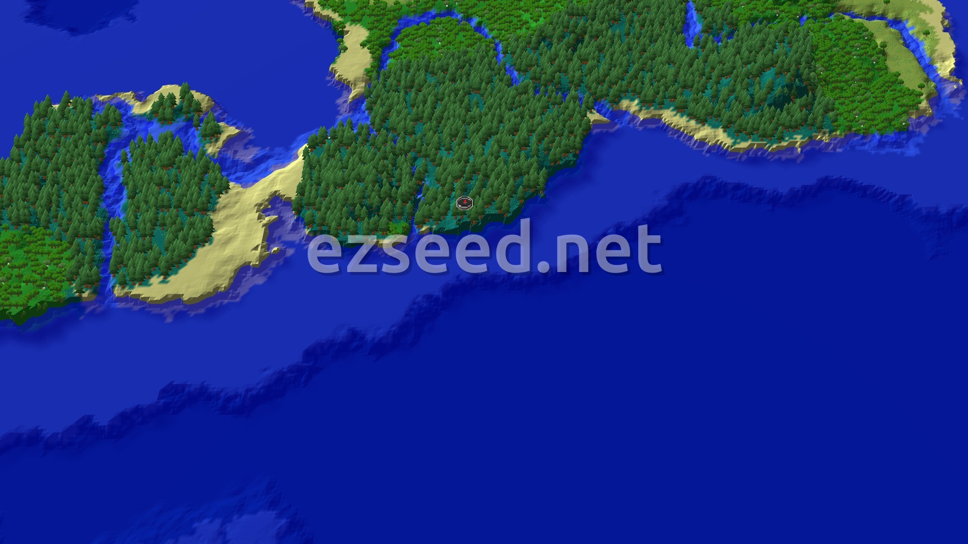 A fly-over of a dense spruce-covered taiga coast with sandy beaches, a narrow river inlet, and deep blue ocean filling the foreground.