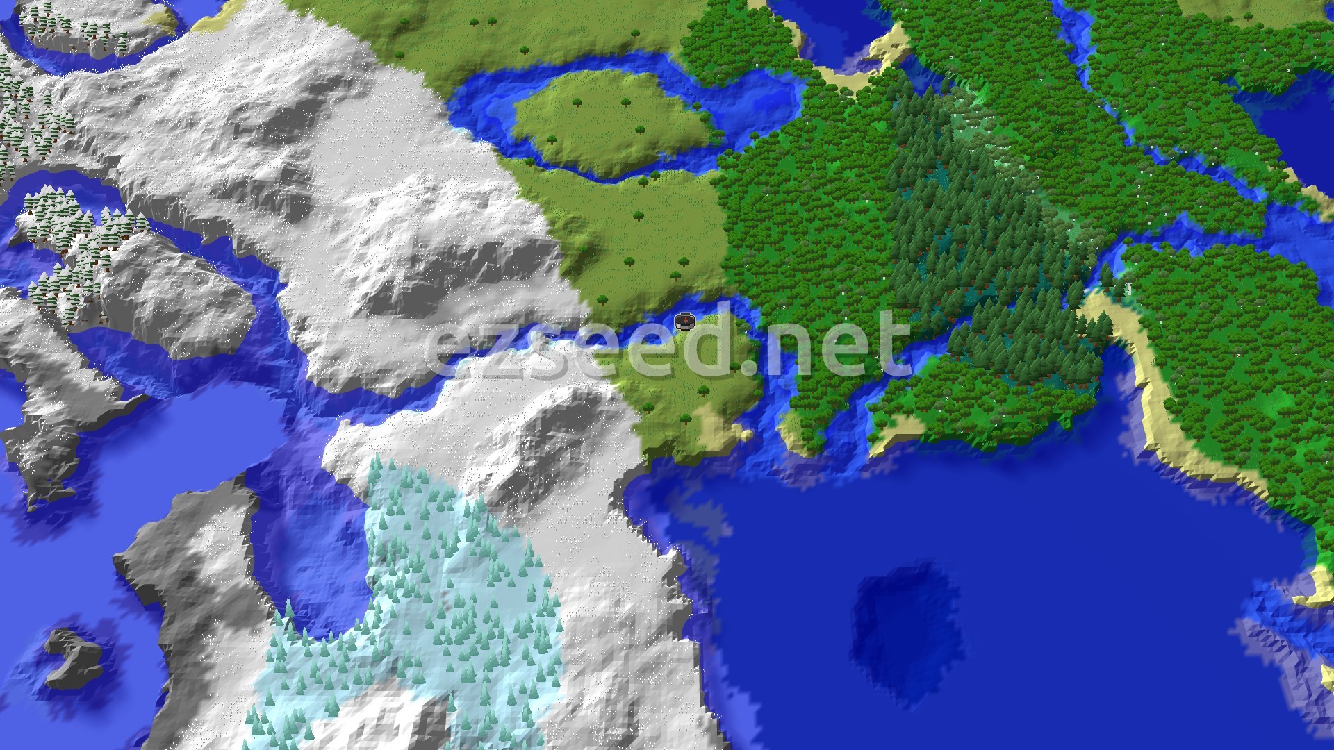 Aerial view of a grassy plains patch split by a river, dense green forest to the east, snowy hills to the west and open blue ocean to the south.