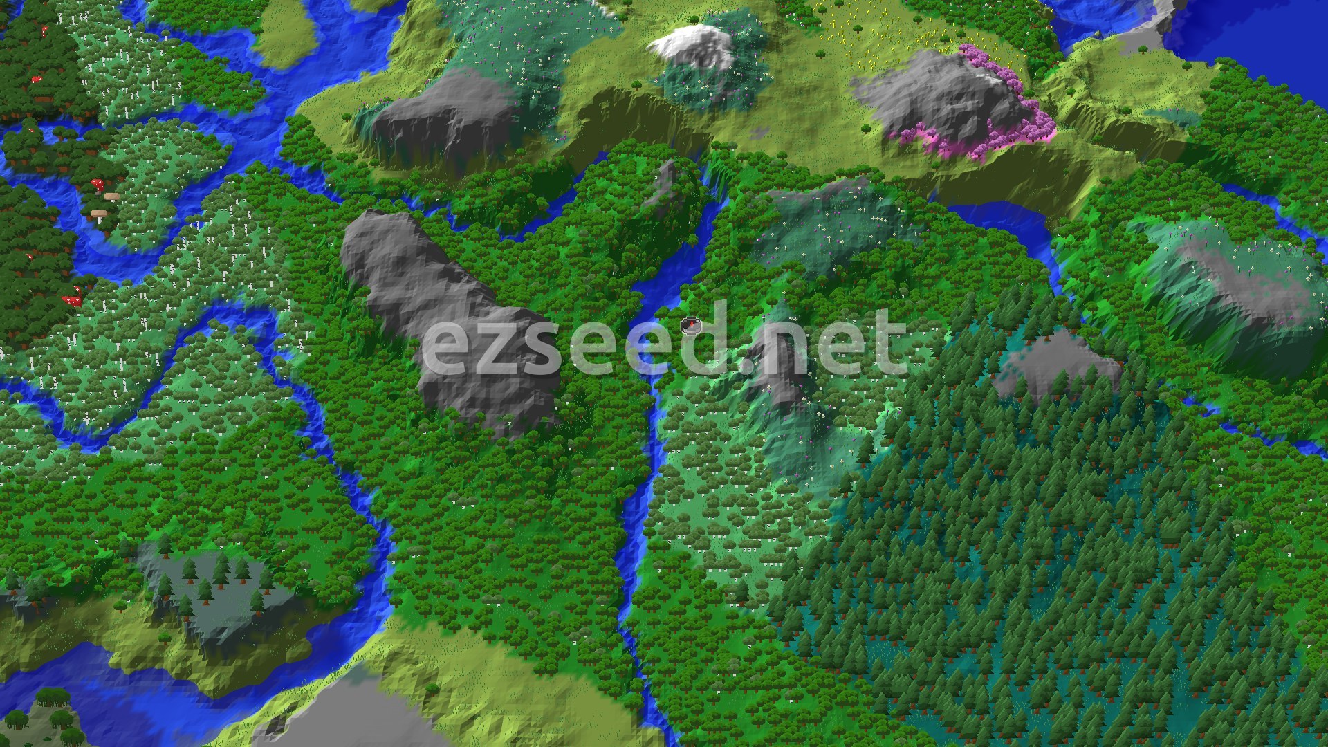 Aerial Minecraft seed map — Double Village in a Forest Valley Ringed by Higher Ground