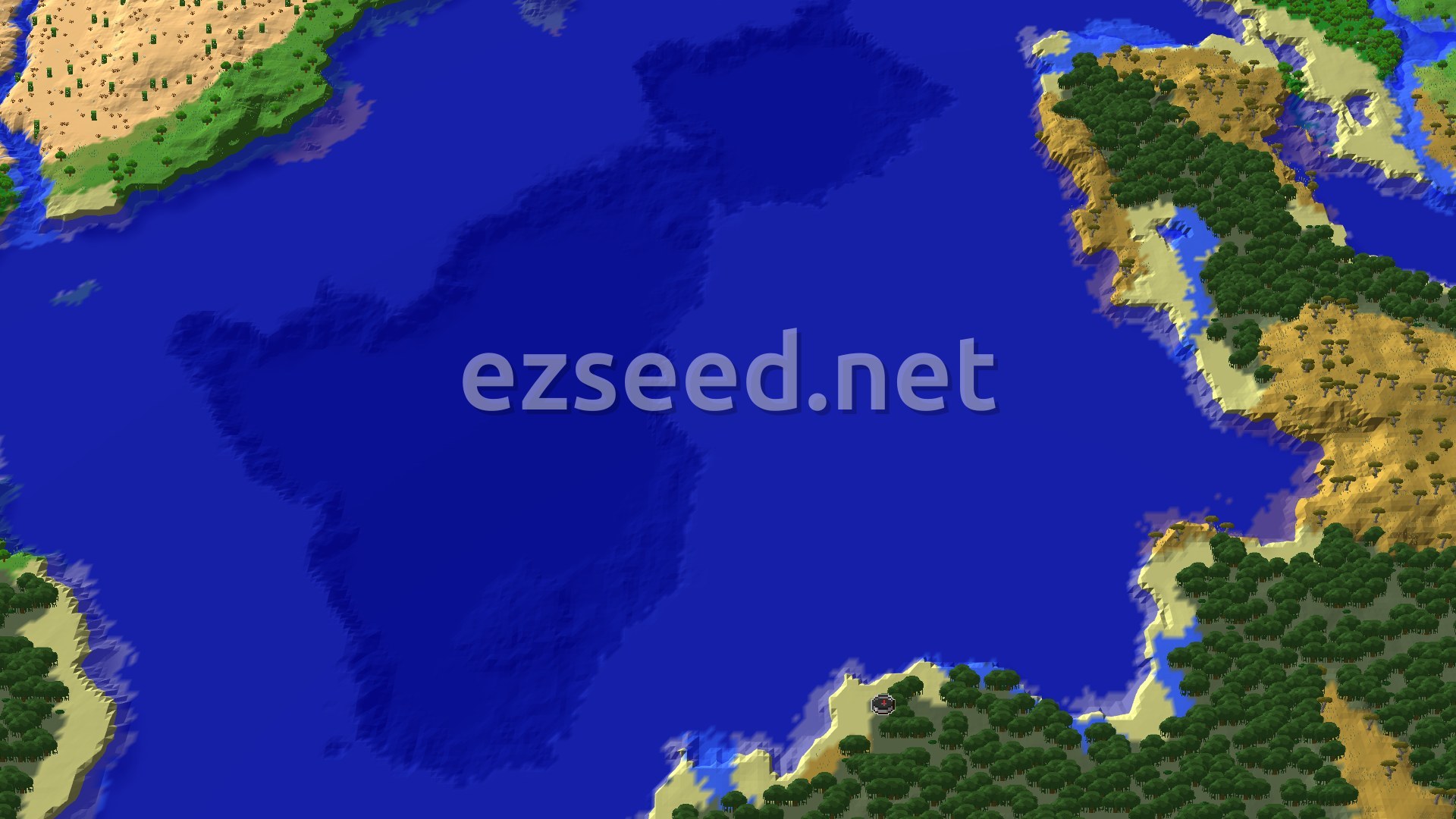 A wide blue bay with a pale sandy shoreline, dense dark mangrove canopy along the southern shore, golden savanna on the east and a green desert-edged hill to the northwest.