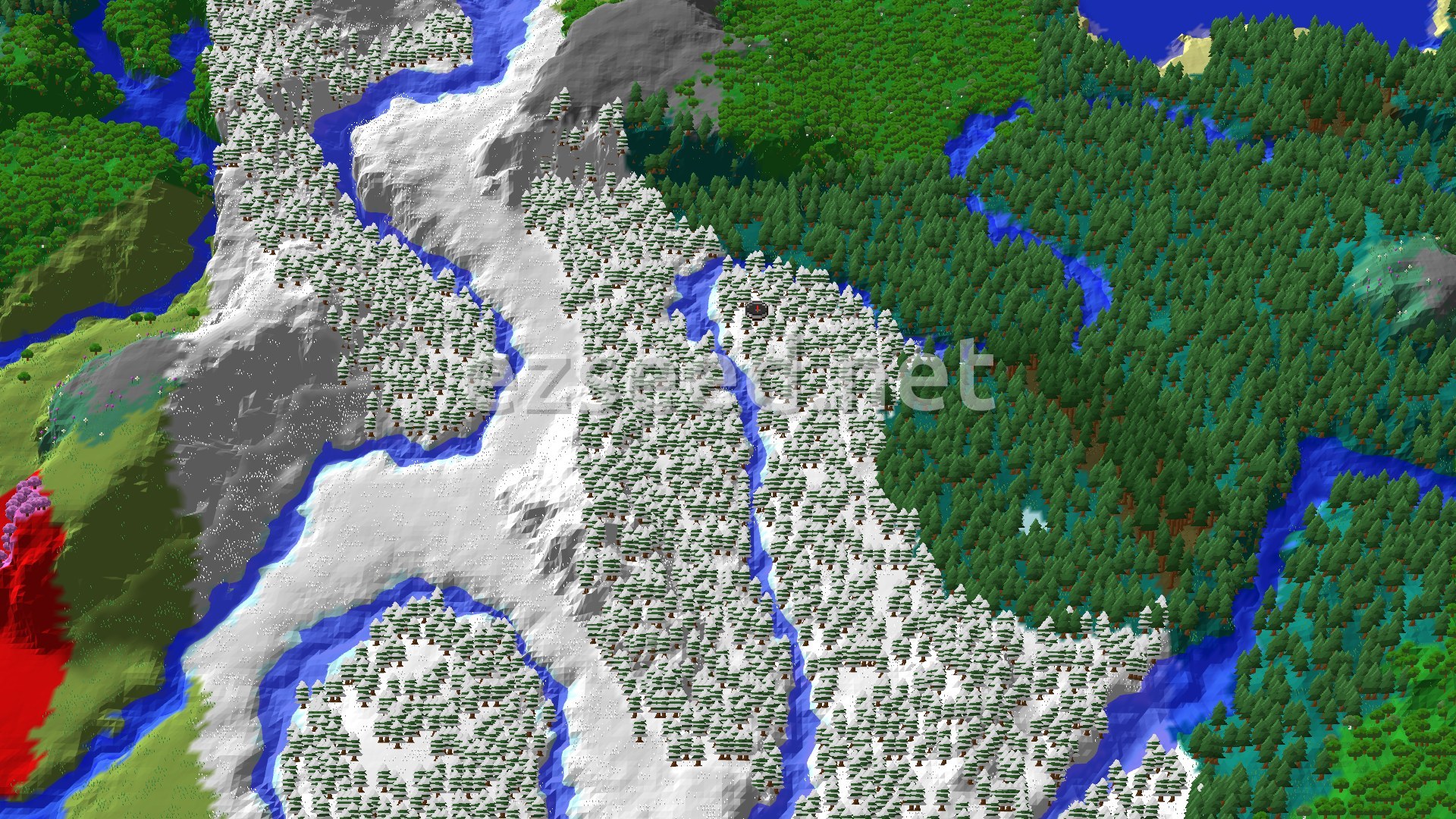Aerial Minecraft seed map — Snowy Taiga Valley Ringed by Higher Ground