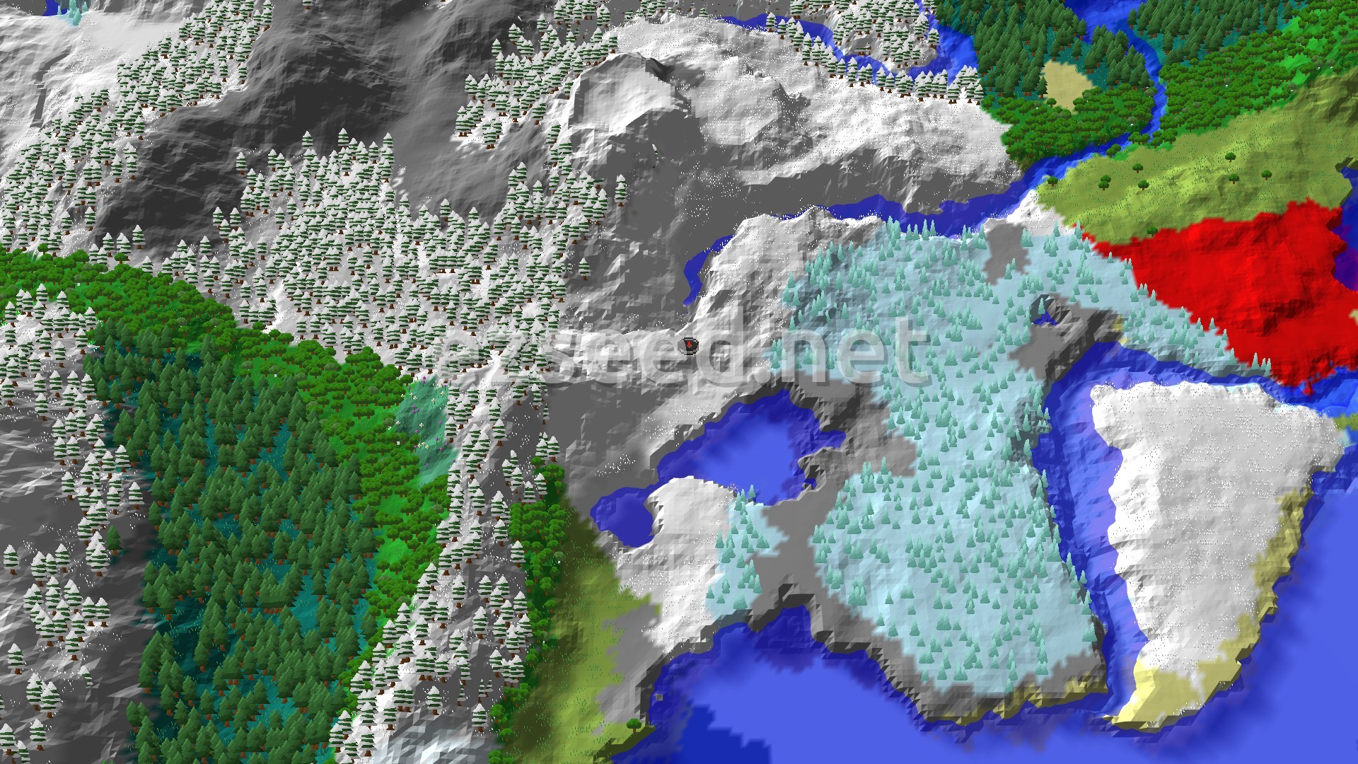 A 3D fly-over of snowy peaks and grey rock beside a frozen bay, with pale ice-covered conifers, a dark spruce forest to the west and green woodland and meadow to the east.