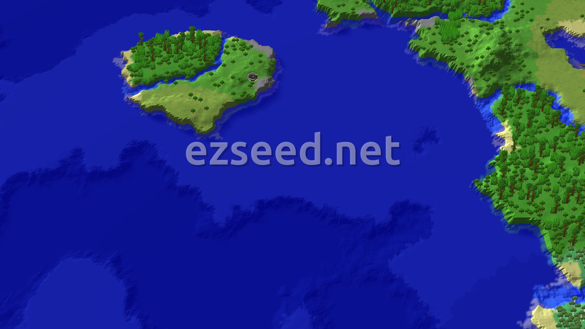 A small green island of jungle and grassy plains with sandy edges sits alone in deep blue ocean, with a larger forested coastline to the east.