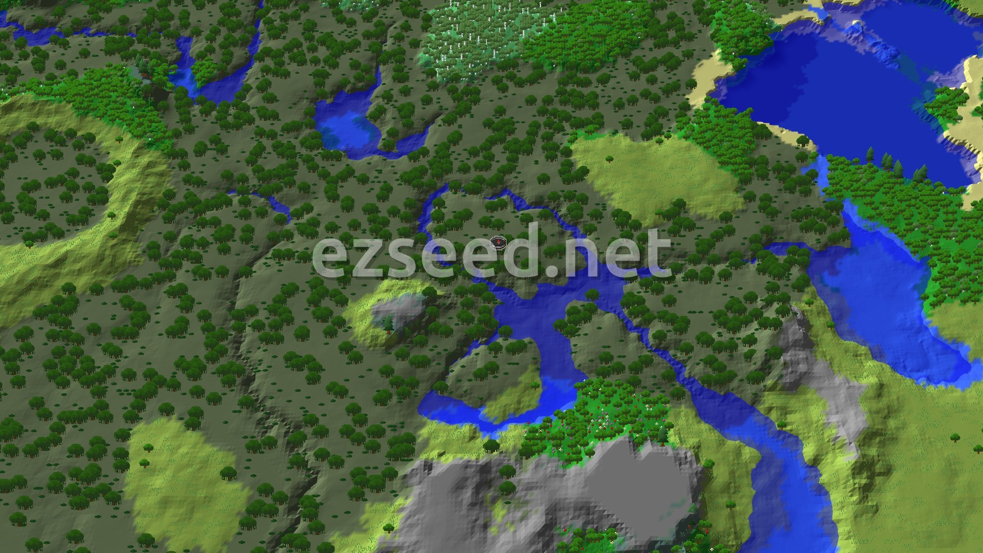 An overhead view of a diverse landscape featuring a central swamp biome with dark trees, surrounded by lighter green plains and forests, winding rivers, and a distant sandy coastline next to a large blue ocean. A small marker indicates the spawn point.