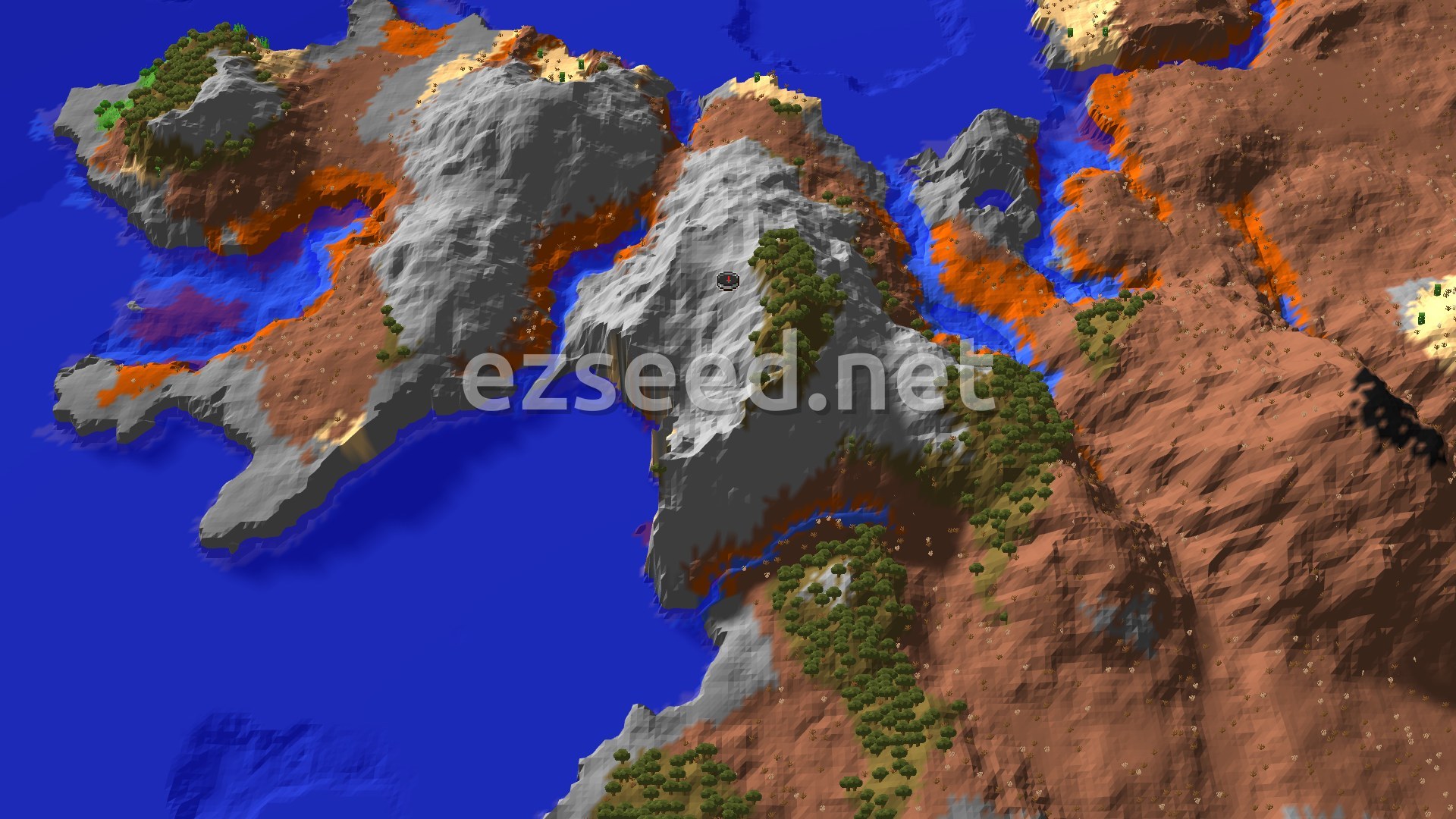 Aerial Minecraft seed map — Ancient City Under a Wooded Badlands Plateau