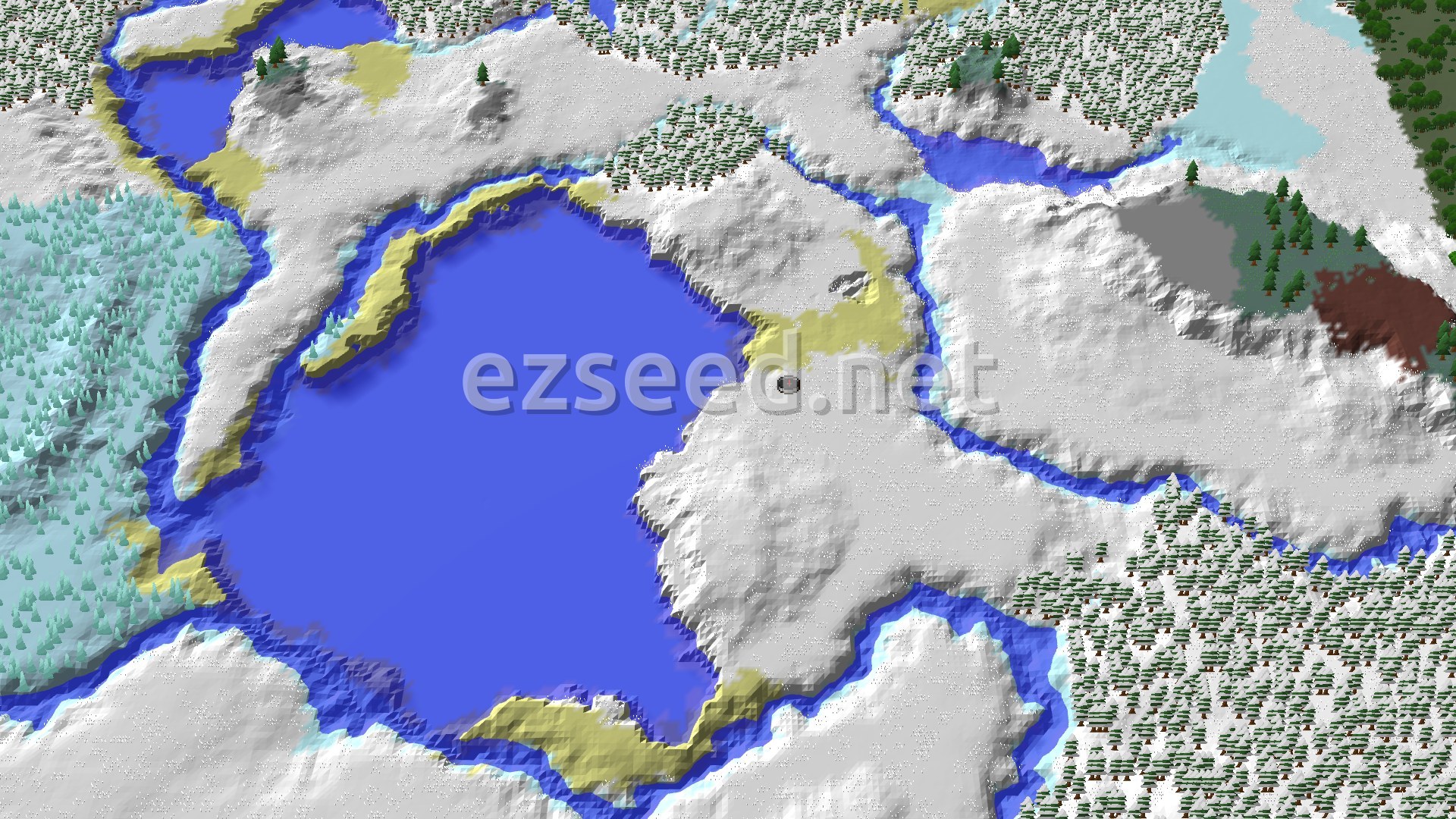 An aerial view of a vast snowy landscape with scattered evergreens and a large central lake, framed by icy rivers and distant taiga.