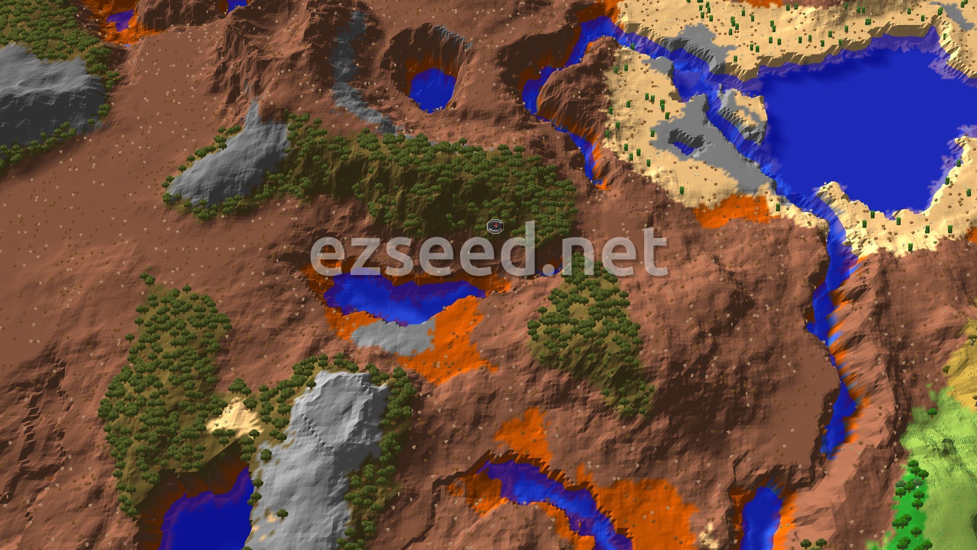 An aerial view of a varied landscape featuring a central wooded badlands area with brown and orange terrain, flanked by grey stony shores and a winding blue river, with scattered green trees and small bodies of water.