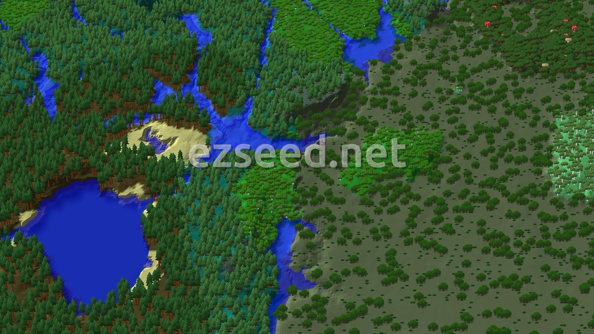 Flat swamp with scattered dark oaks on the right, dense spruce forest and a round blue lake on the left, a river cutting between them.